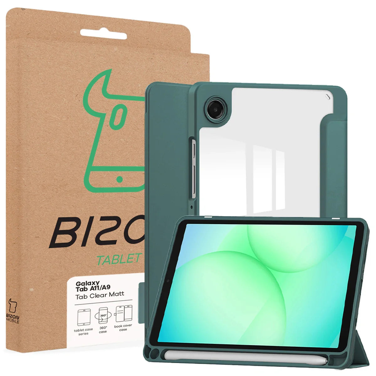 Schutzhülle mit Klappe für Galaxy Tab A11 / A9, Bizon Case Tab Clear Matt, Dunkelgrün