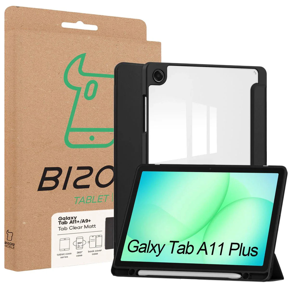 Schutzhülle mit Klappe für Galaxy Tab A11 Plus / A9 Plus, Bizon Case Tab Clear Matt, Schwarz