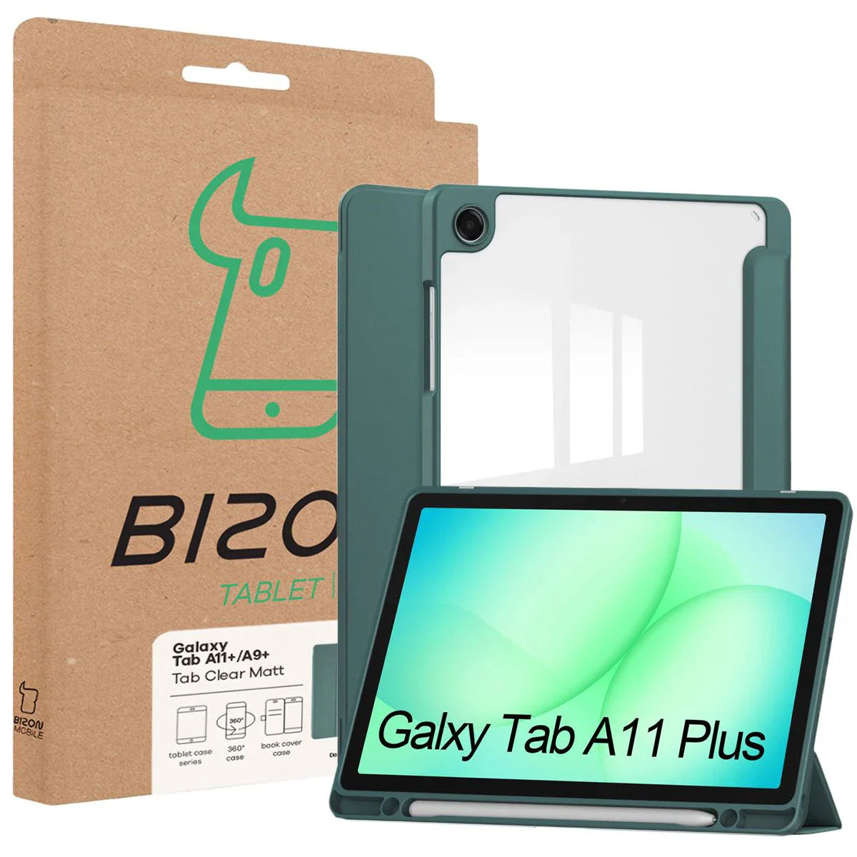 Schutzhülle mit Klappe für Galaxy Tab A11 Plus / A9 Plus, Bizon Case Tab Clear Matt, Dunkelgrün