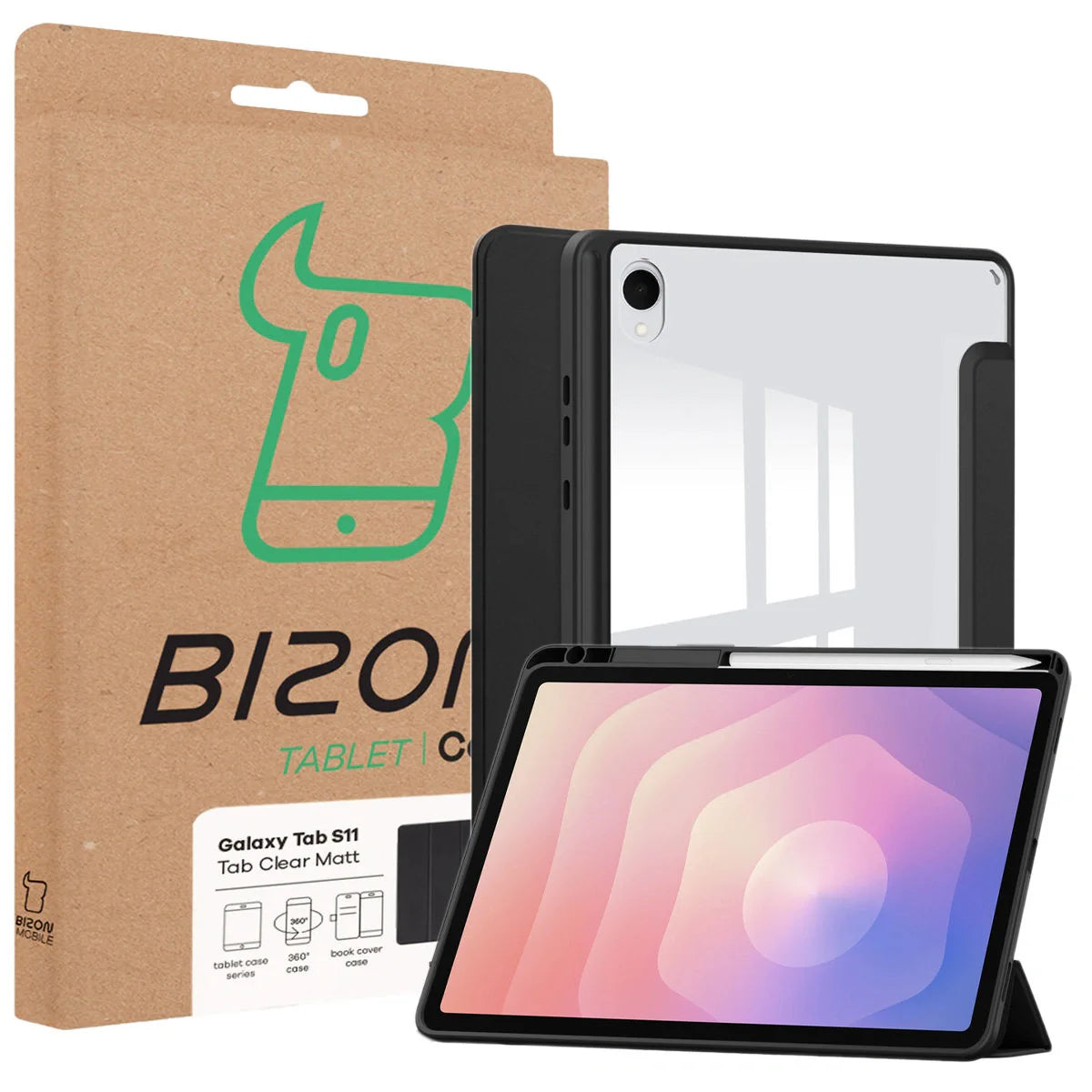 Schutzhülle mit Klappe für Galaxy Tab S11, Bizon Case Tab Clear Matt, Schwarz