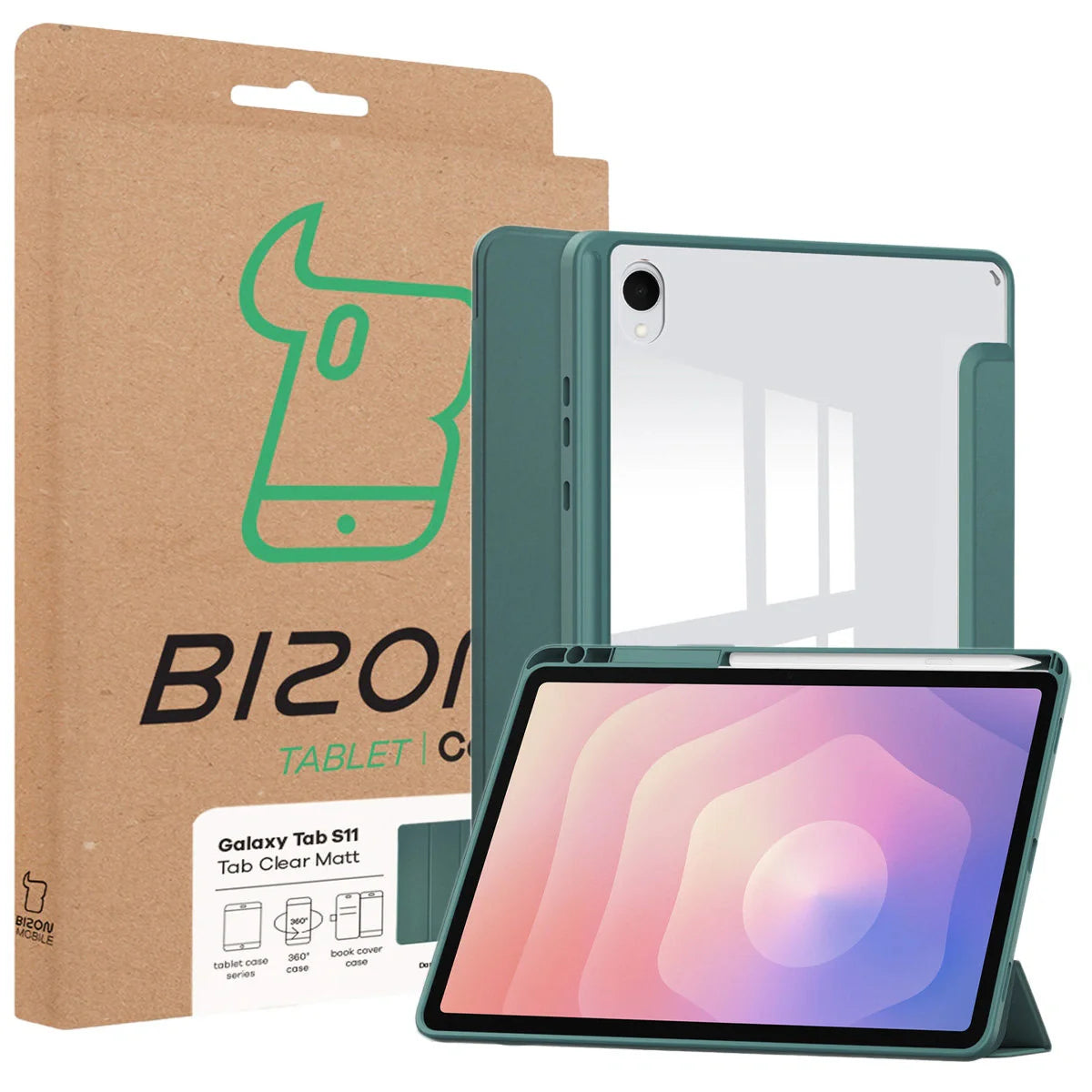 Schutzhülle mit Klappe für Galaxy Tab S11, Bizon Case Tab Clear Matt, Dunkelgrün