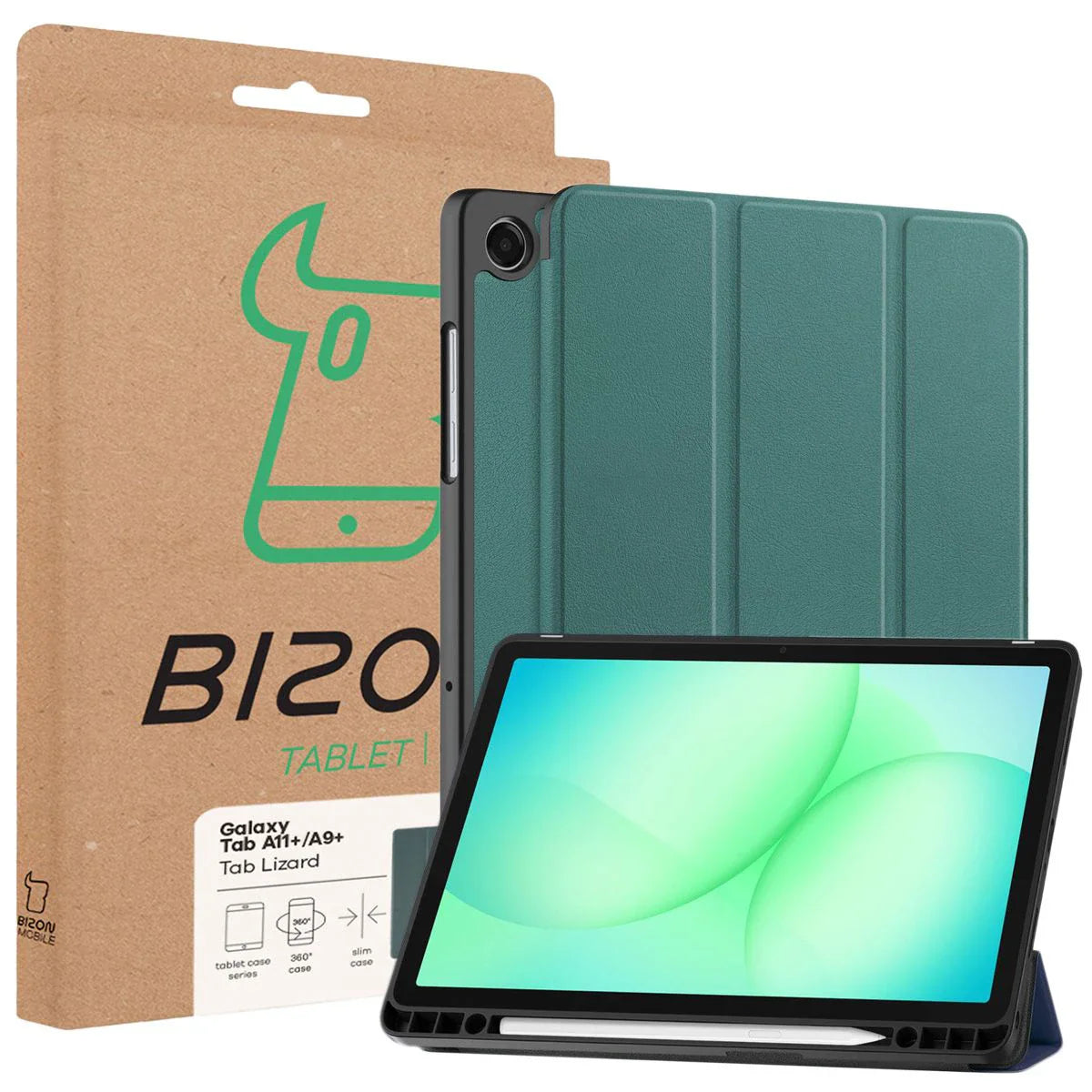 Schutzhülle mit Klappe für Galaxy Tab A11 Plus / A9 Plus, Bizon Case Tab Lizard, Dunkelgrün