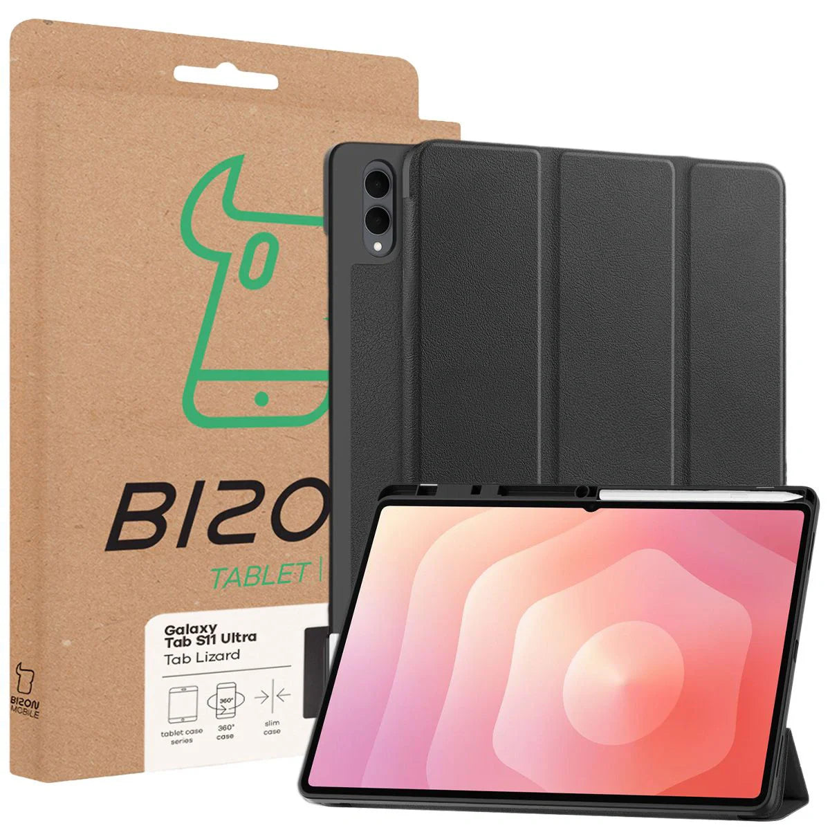 Schutzhülle mit Klappe für Galaxy Tab S11 Ultra, Bizon Case Tab Lizard, Schwarz