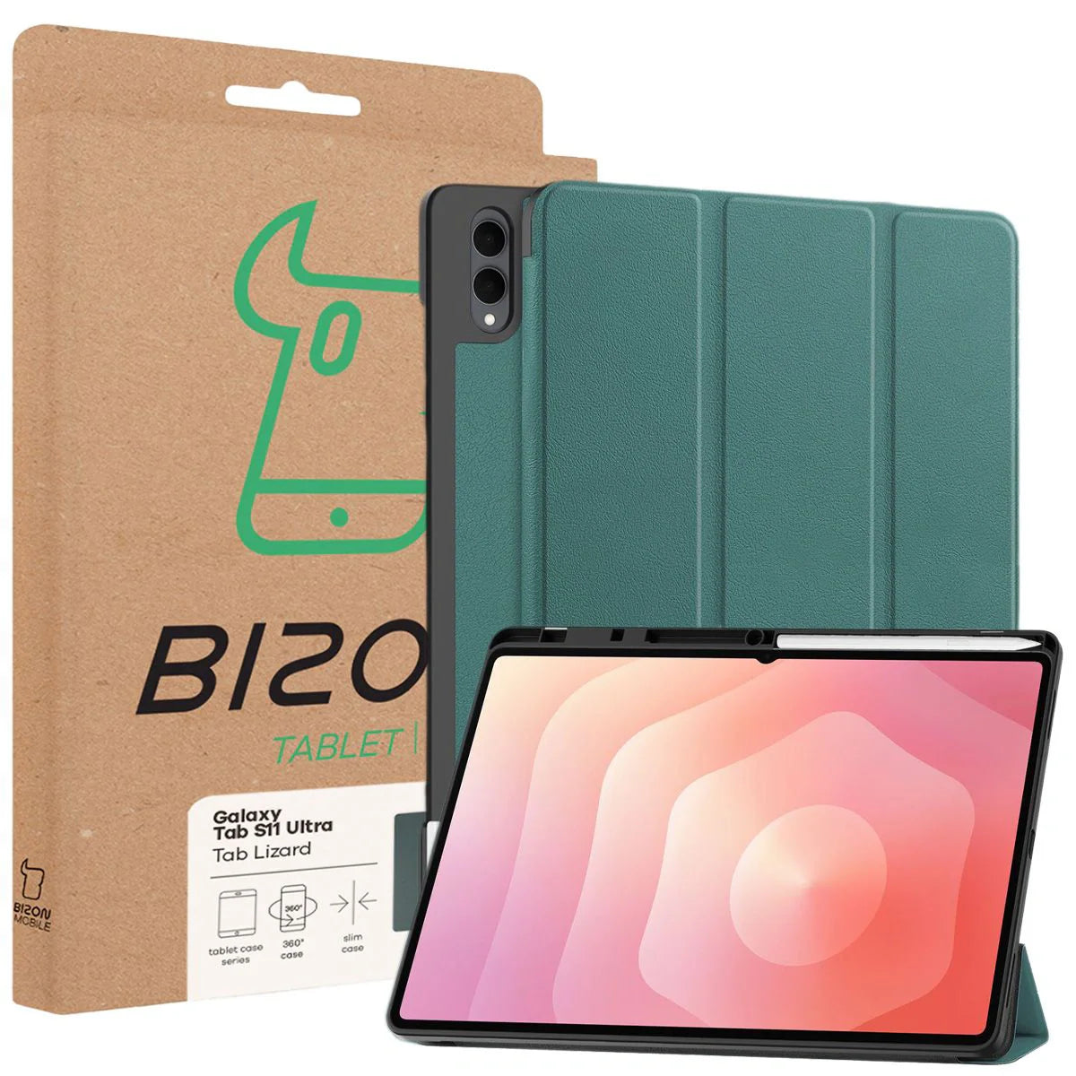 Schutzhülle mit Klappe für Galaxy Tab S11 Ultra, Bizon Case Tab Lizard, Dunkelgrün