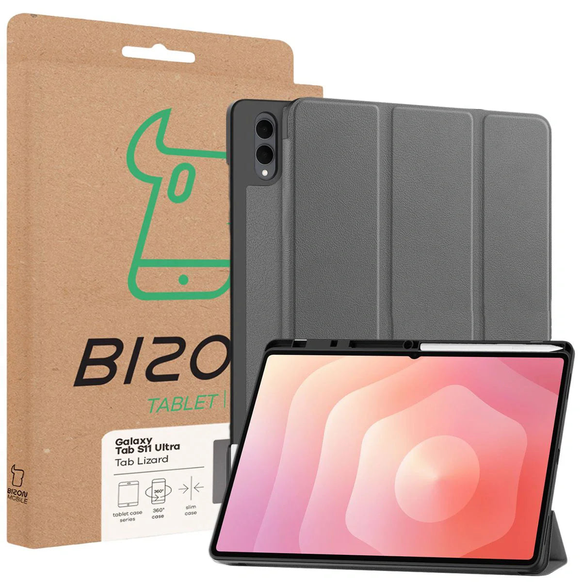 Schutzhülle mit Klappe für Galaxy Tab S11 Ultra, Bizon Case Tab Lizard, Grau
