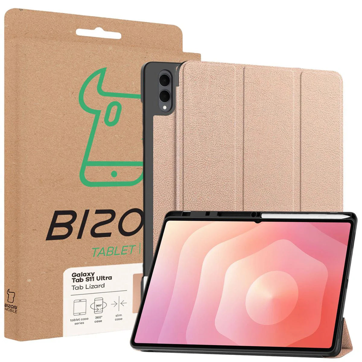 Schutzhülle mit Klappe für Galaxy Tab S11 Ultra, Bizon Case Tab Lizard, Rosegold