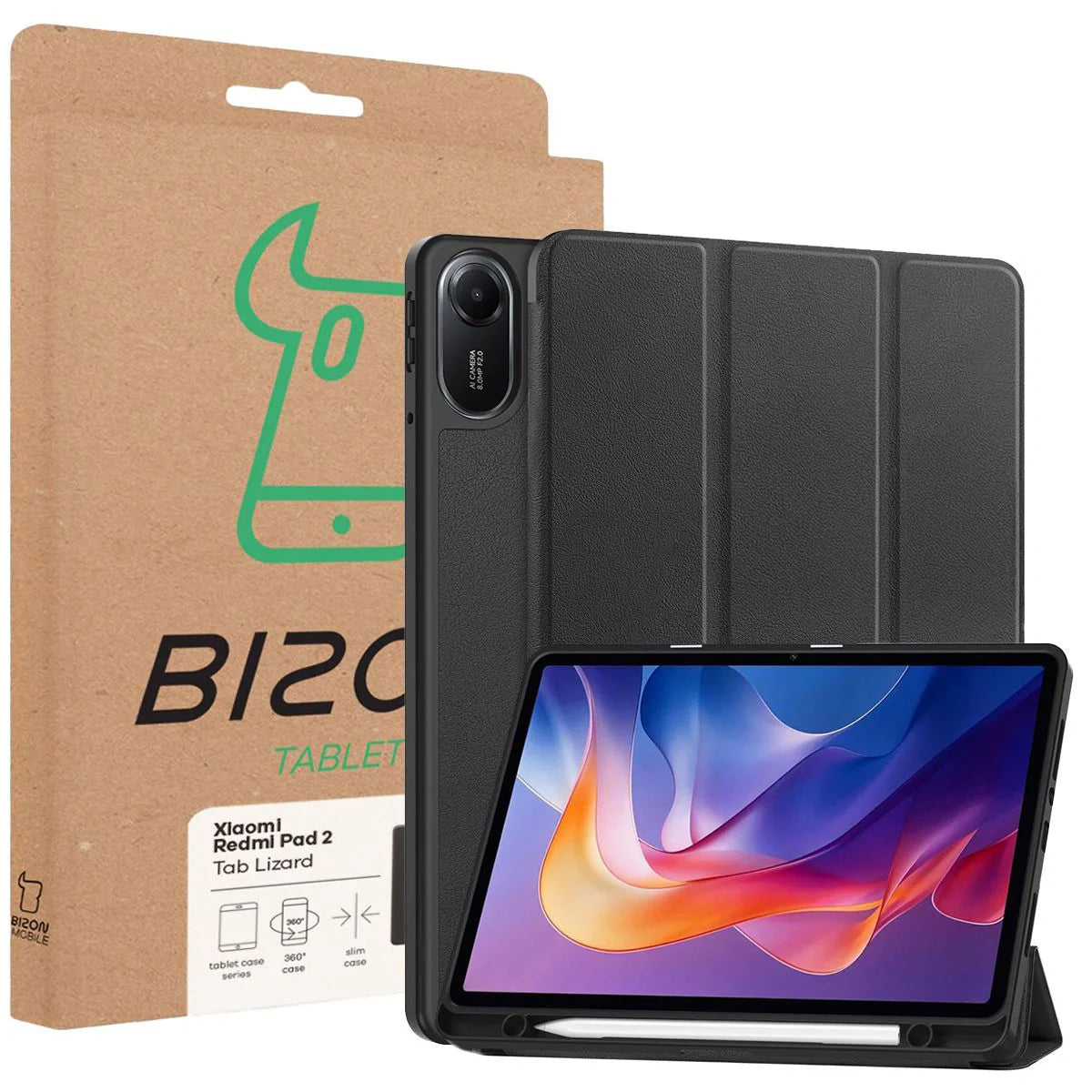 Schutzhülle mit Klappe für Xiaomi Redmi Pad 2, Bizon Case Tab Lizard, Schwarz