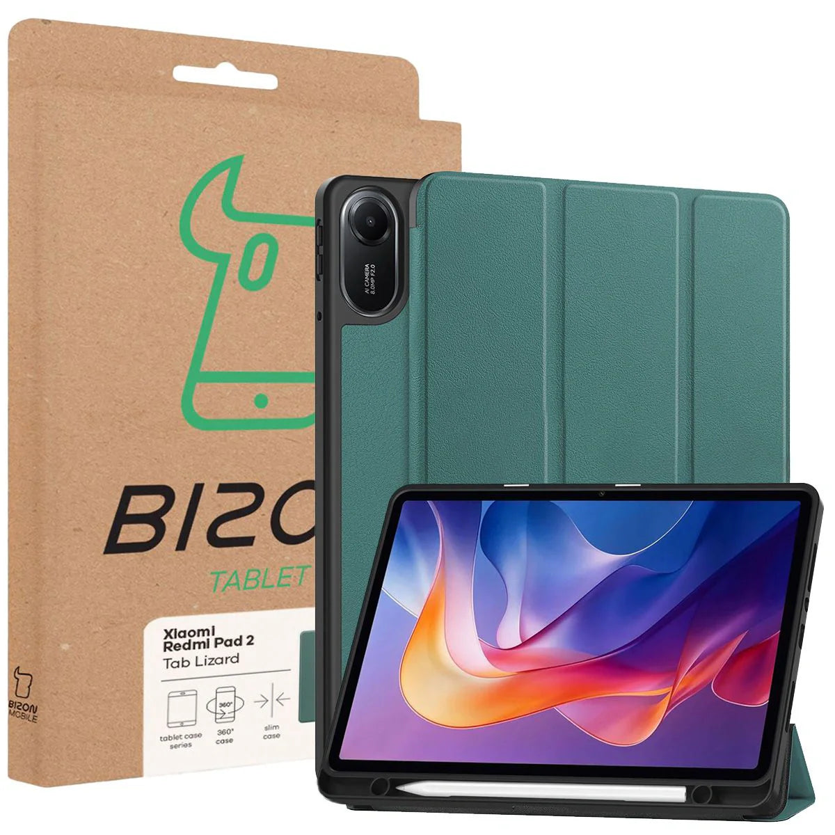Schutzhülle mit Klappe für Xiaomi Redmi Pad 2, Bizon Case Tab Lizard, Dunkelgrün