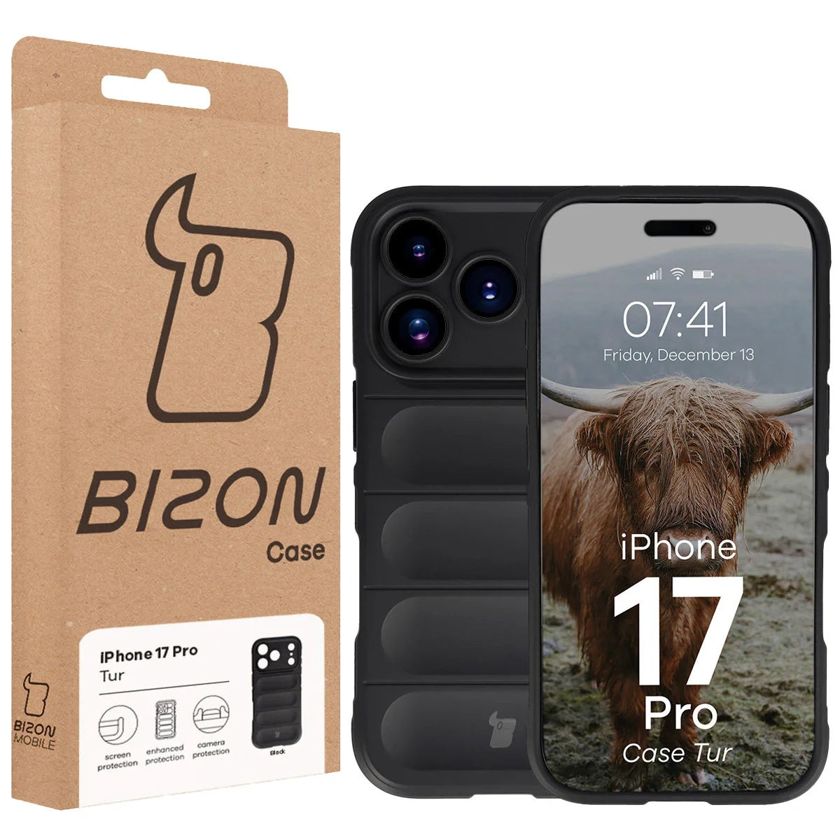 Robuste Handyhülle für iPhone 17 Pro, Bizon Case Tur, Schwarz