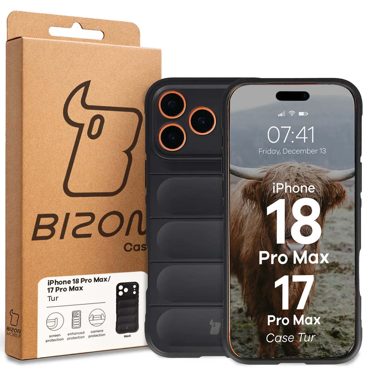 Robuste Handyhülle für iPhone 18 Pro Max / 17 Pro Max, Bizon Case Tur, Schwarz