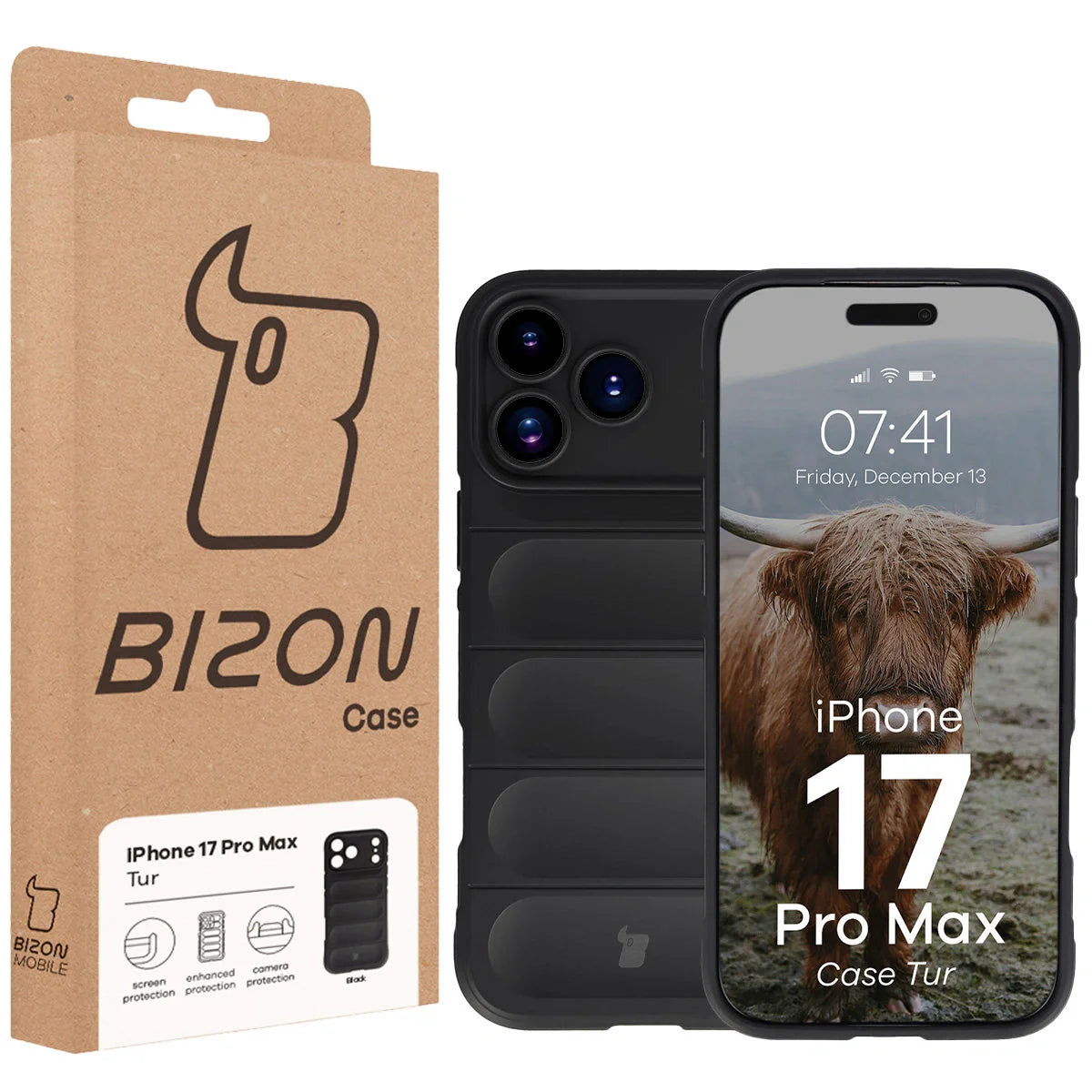 Robuste Handyhülle für iPhone 17 Pro Max, Bizon Case Tur, Schwarz