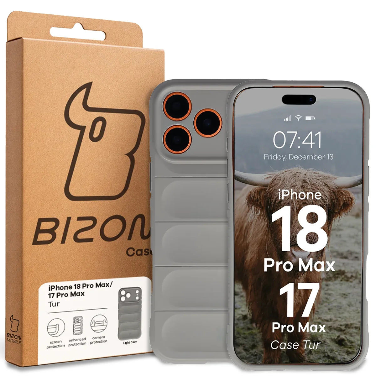 Robuste Handyhülle für iPhone 18 Pro Max / 17 Pro Max, Bizon Case Tur, Hellgrau