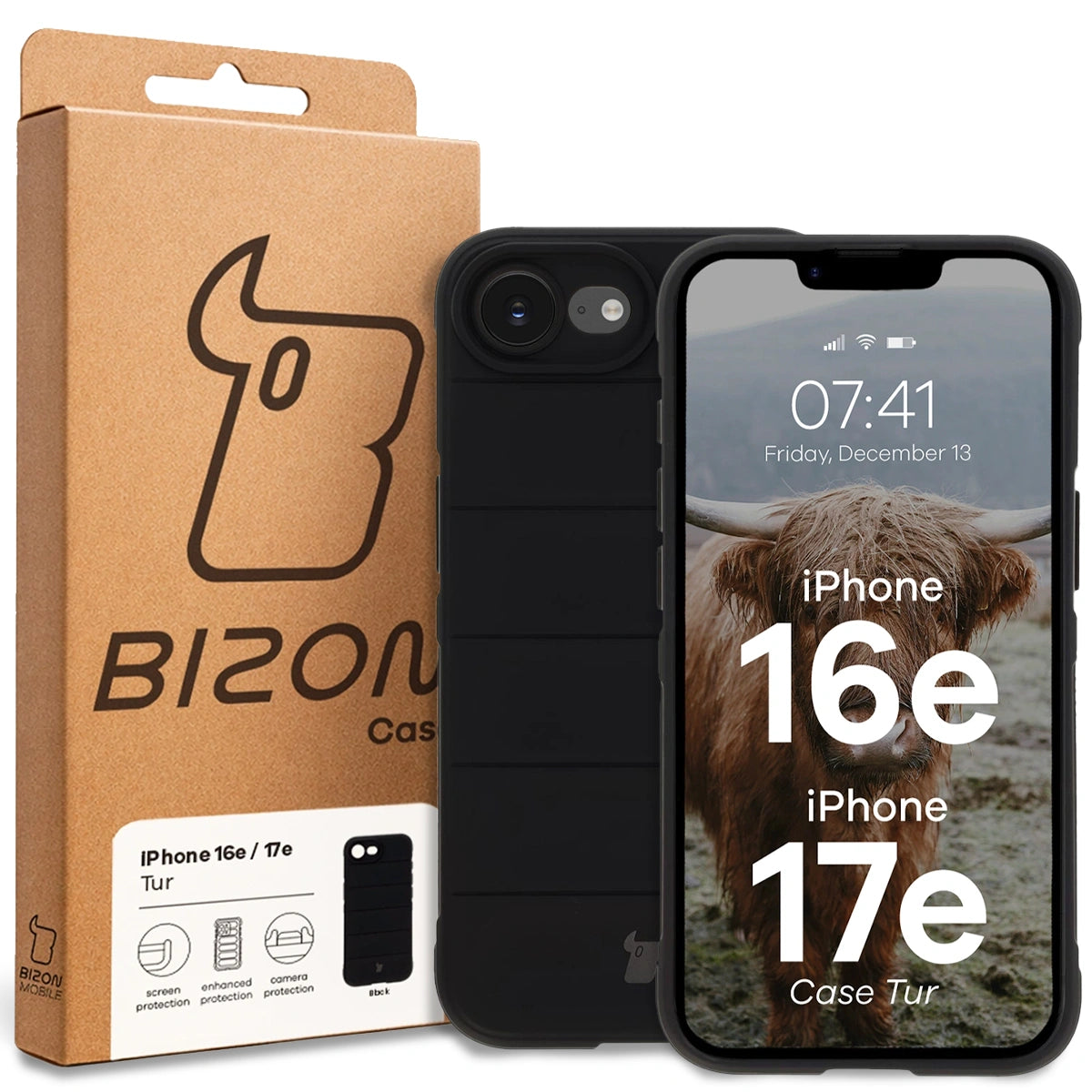 Robuste Handyhülle für iPhone 17e / 16e, Bizon Case Tur, Schwarz