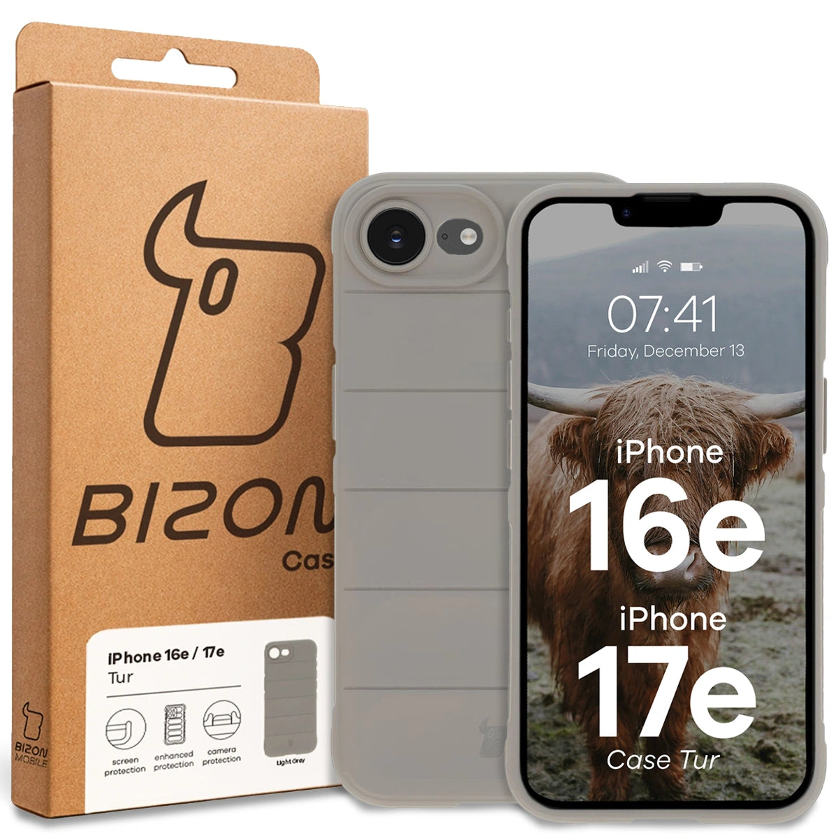 Robuste Handyhülle für iPhone 17e / 16e, Bizon Case Tur, Hellgrau