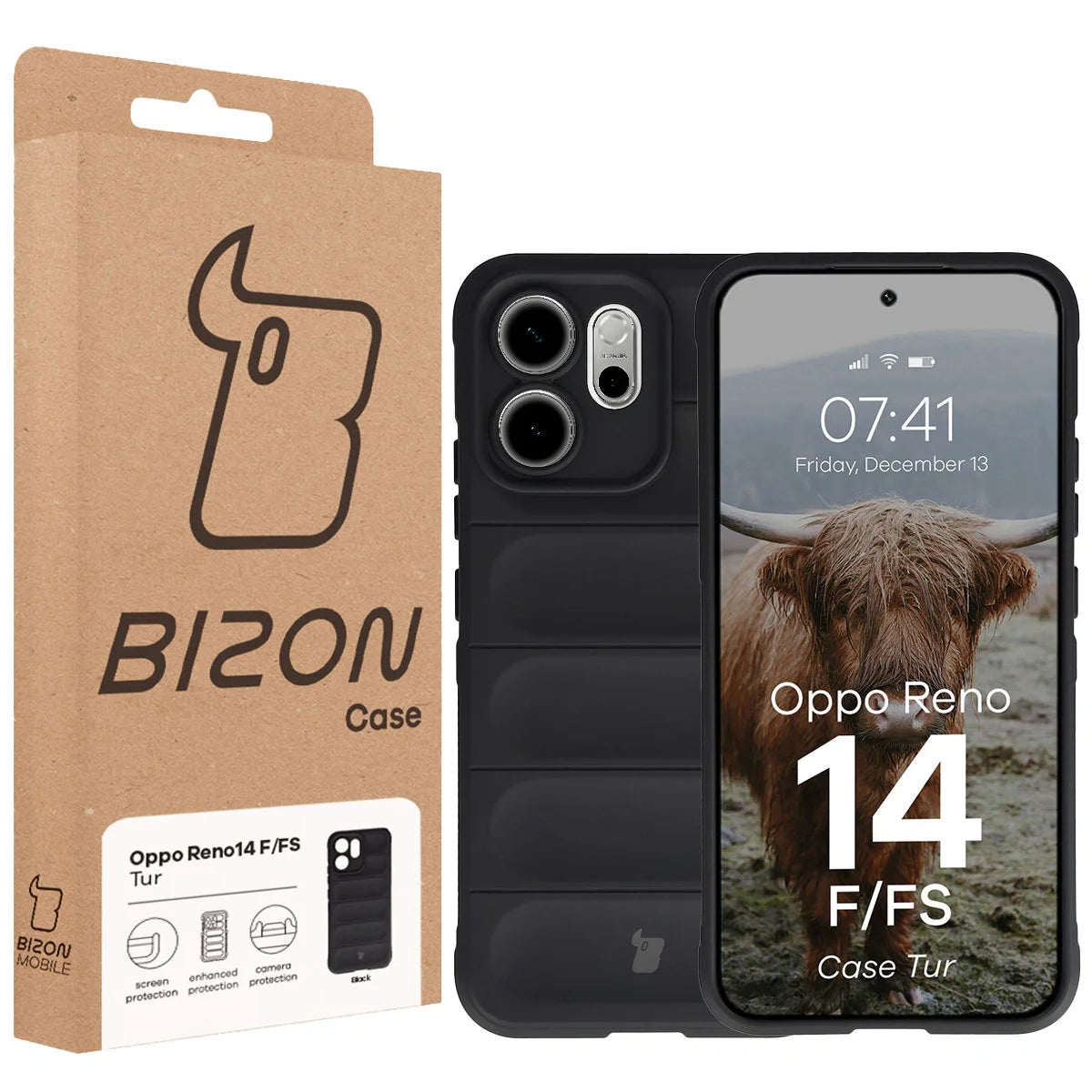 Robuste Handyhülle für Oppo Reno 14 F / 14 FS, Bizon Case Tur, Schwarz