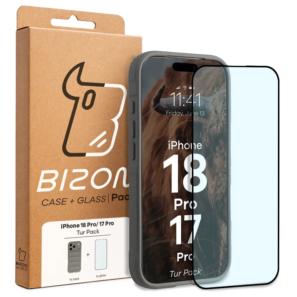 Robuste Handyhülle + gehärtetem Glas für iPhone 18 Pro / 17 Pro, Bizon Tur Pack, Hellgrau (10/10)