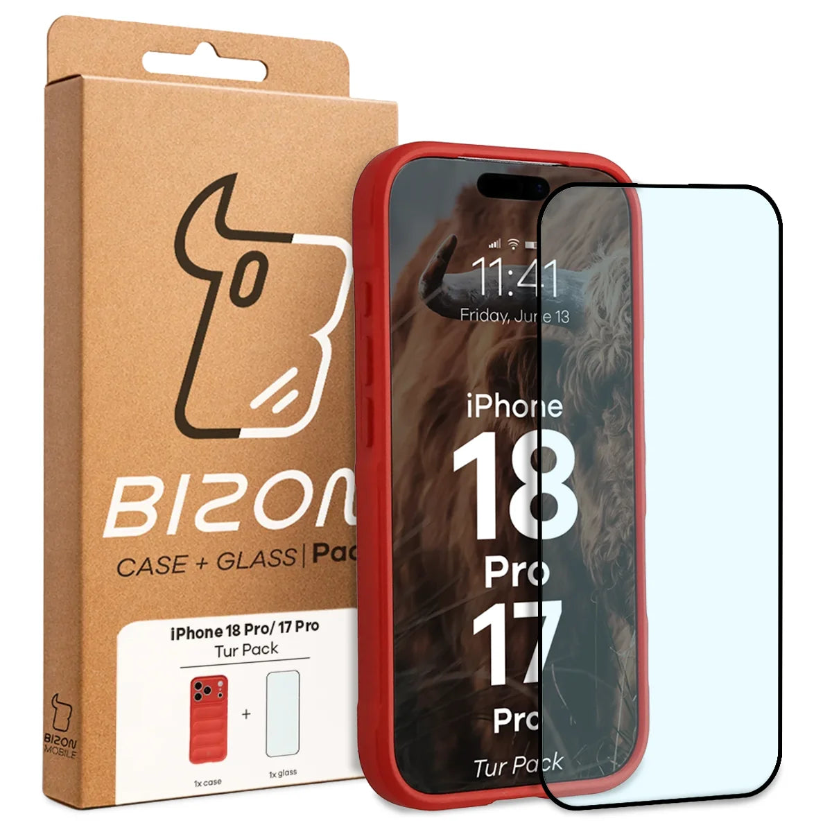 Robuste Handyhülle + gehärtetem Glas für iPhone 18 Pro / 17 Pro, Bizon Tur Pack, Rot (10/10)