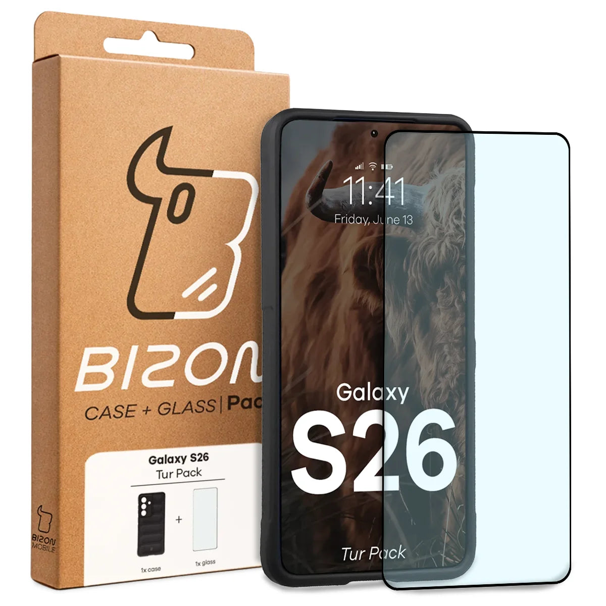 Robuste Handyhülle + gehärtetem Glas für Galaxy S26, Bizon Tur Pack, Schwarz (10/10)