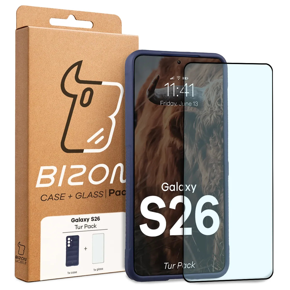 Robuste Handyhülle + gehärtetem Glas für Galaxy S26, Bizon Tur Pack, Dunkelblau (10/10)