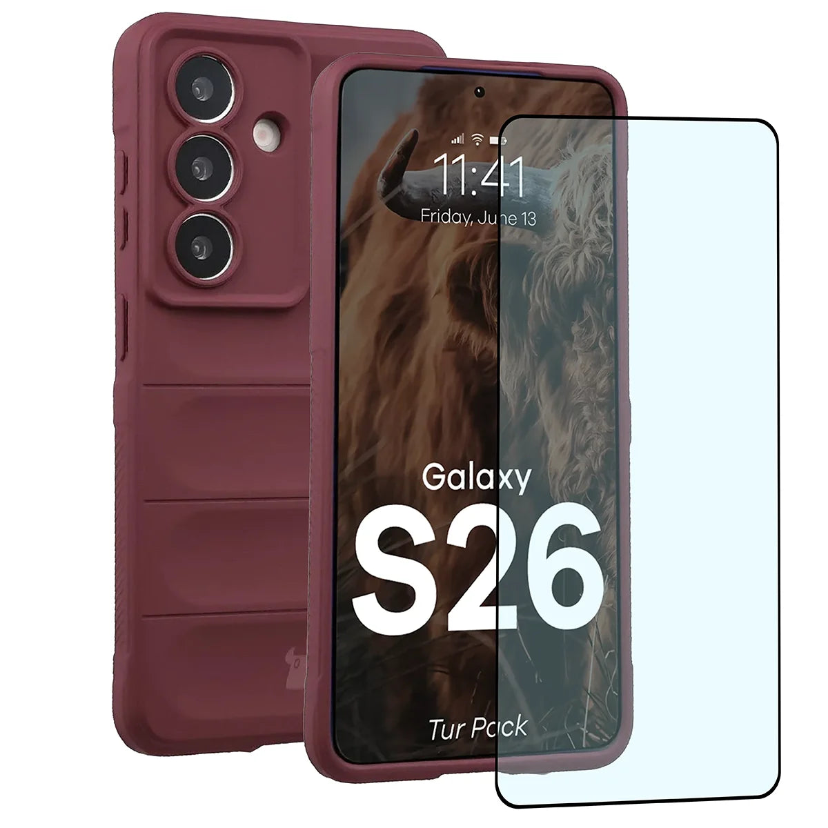 Robuste Handyhülle + gehärtetem Glas für Galaxy S26, Bizon Tur Pack, Burgunderrot (1/10)