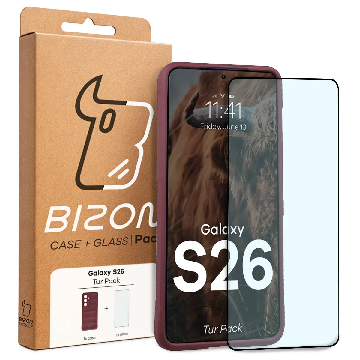 Robuste Handyhülle + gehärtetem Glas für Galaxy S26, Bizon Tur Pack, Burgunderrot (10/10)