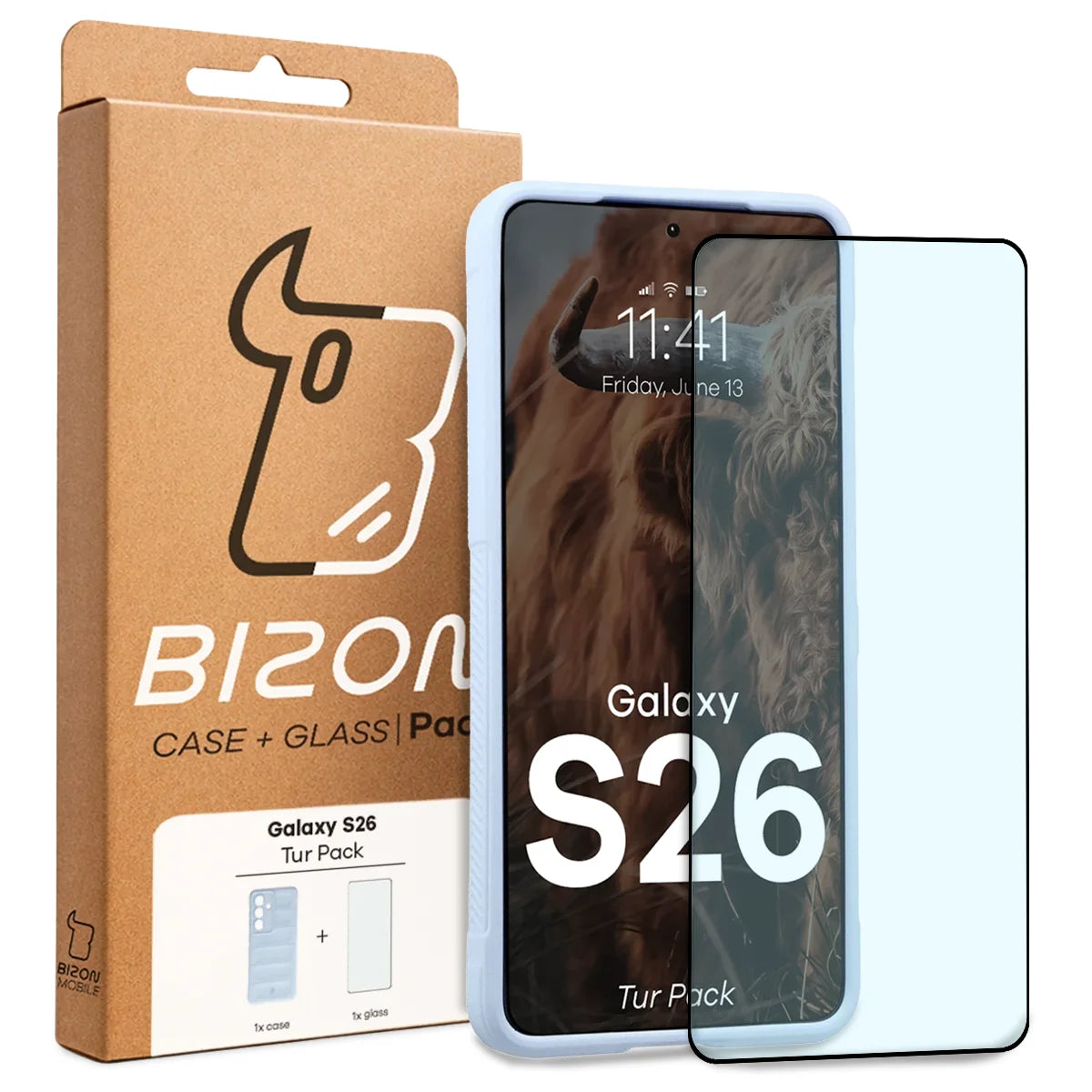 Robuste Handyhülle + gehärtetem Glas für Galaxy S26, Bizon Tur Pack, Hellblau (10/10)
