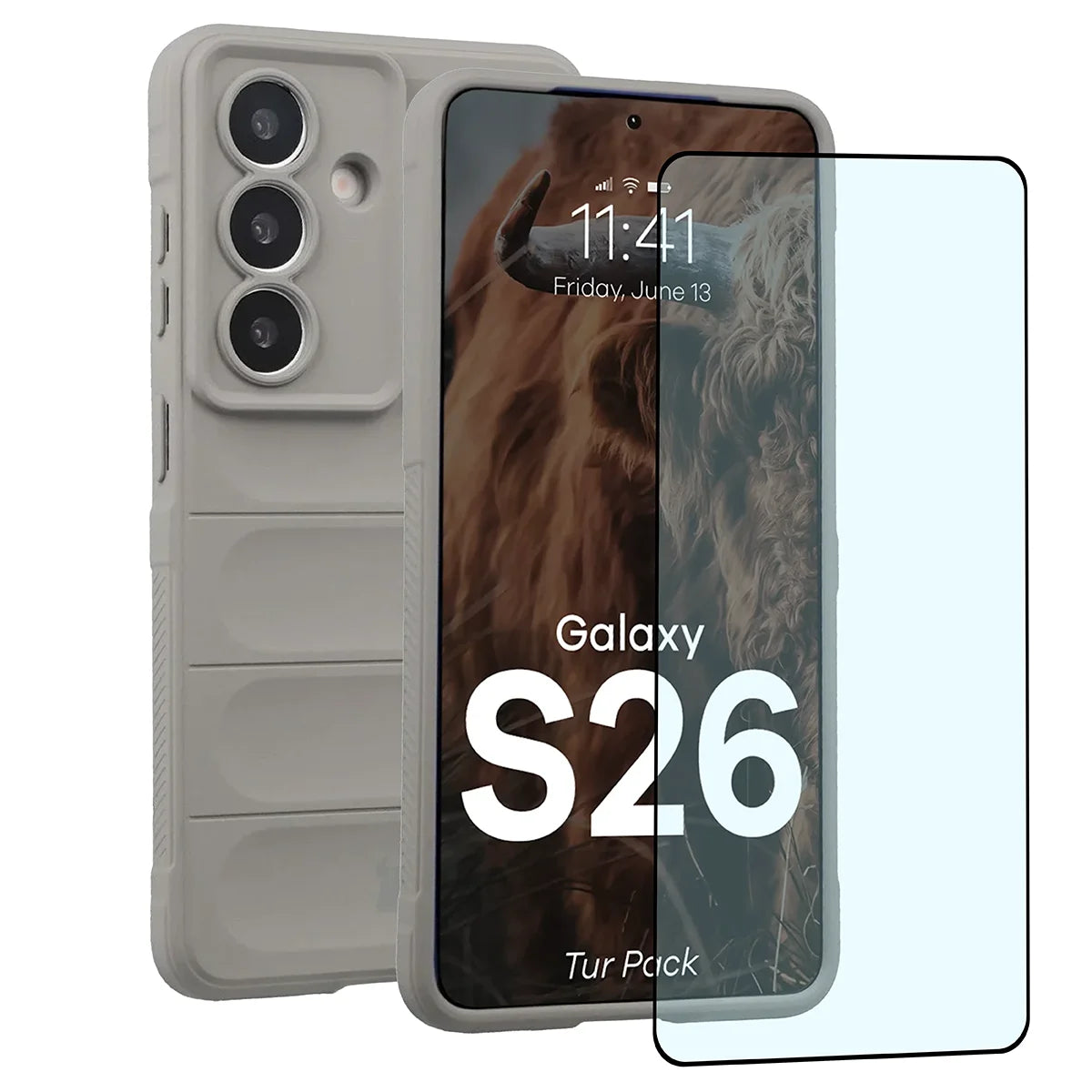 Robuste Handyhülle + gehärtetem Glas für Galaxy S26, Bizon Tur Pack, Hellgrau (1/10)