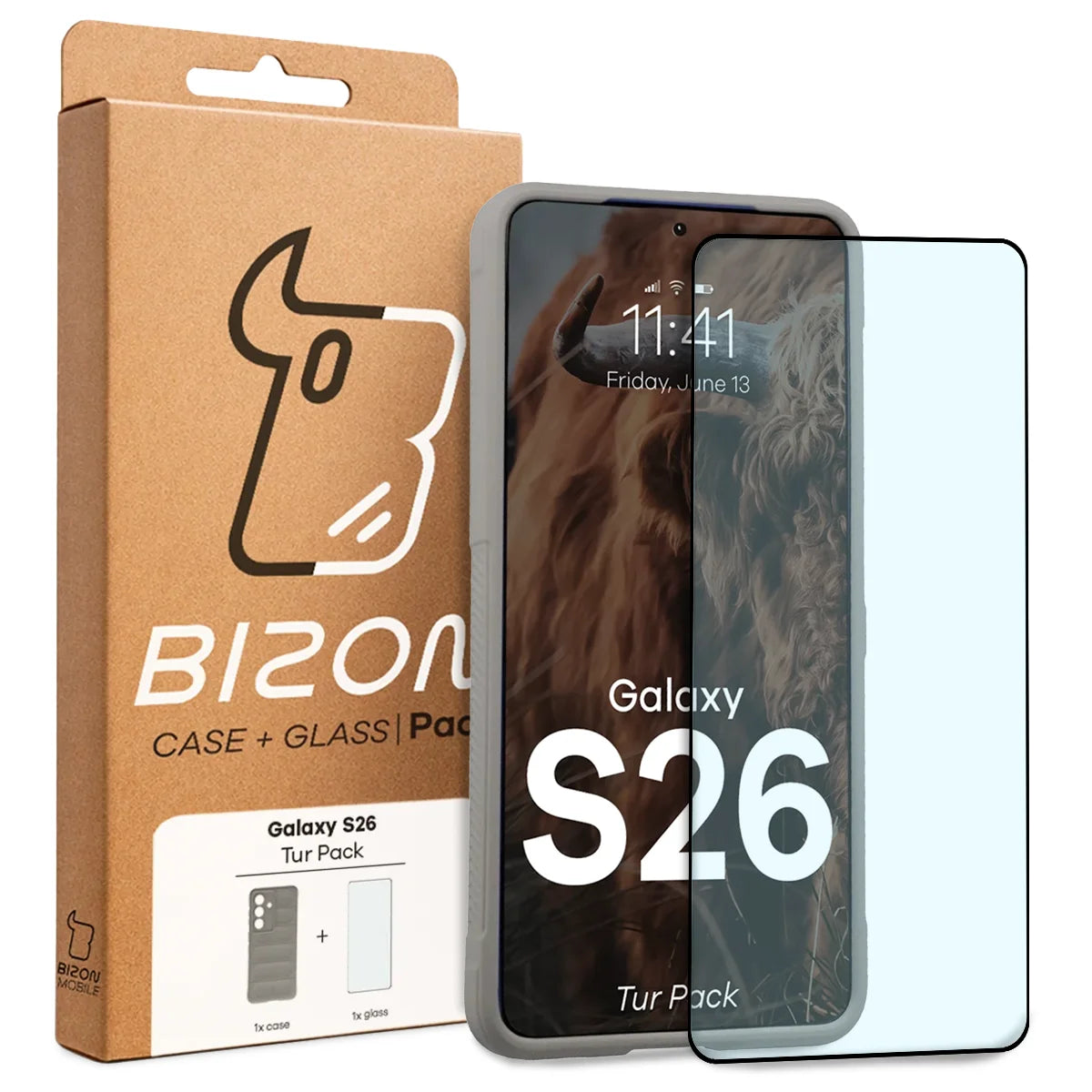 Robuste Handyhülle + gehärtetem Glas für Galaxy S26, Bizon Tur Pack, Hellgrau (10/10)