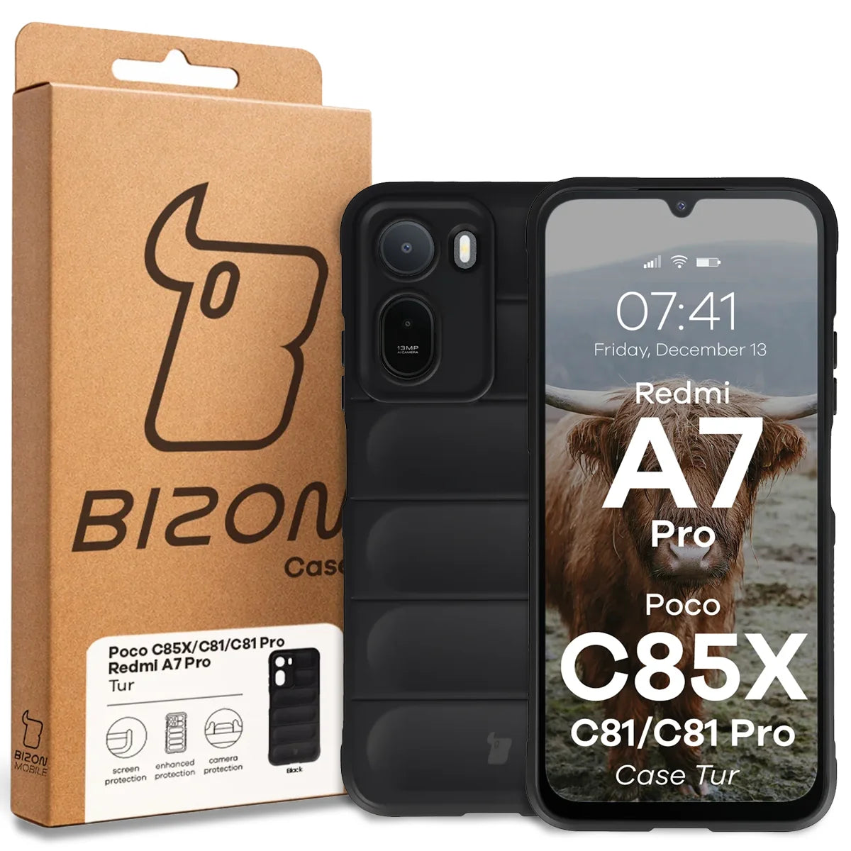 Robuste Handyhülle für Xiaomi Redmi A7 Pro / POCO C85X / C81 / C81 Pro, Bizon Case Tur, Schwarz