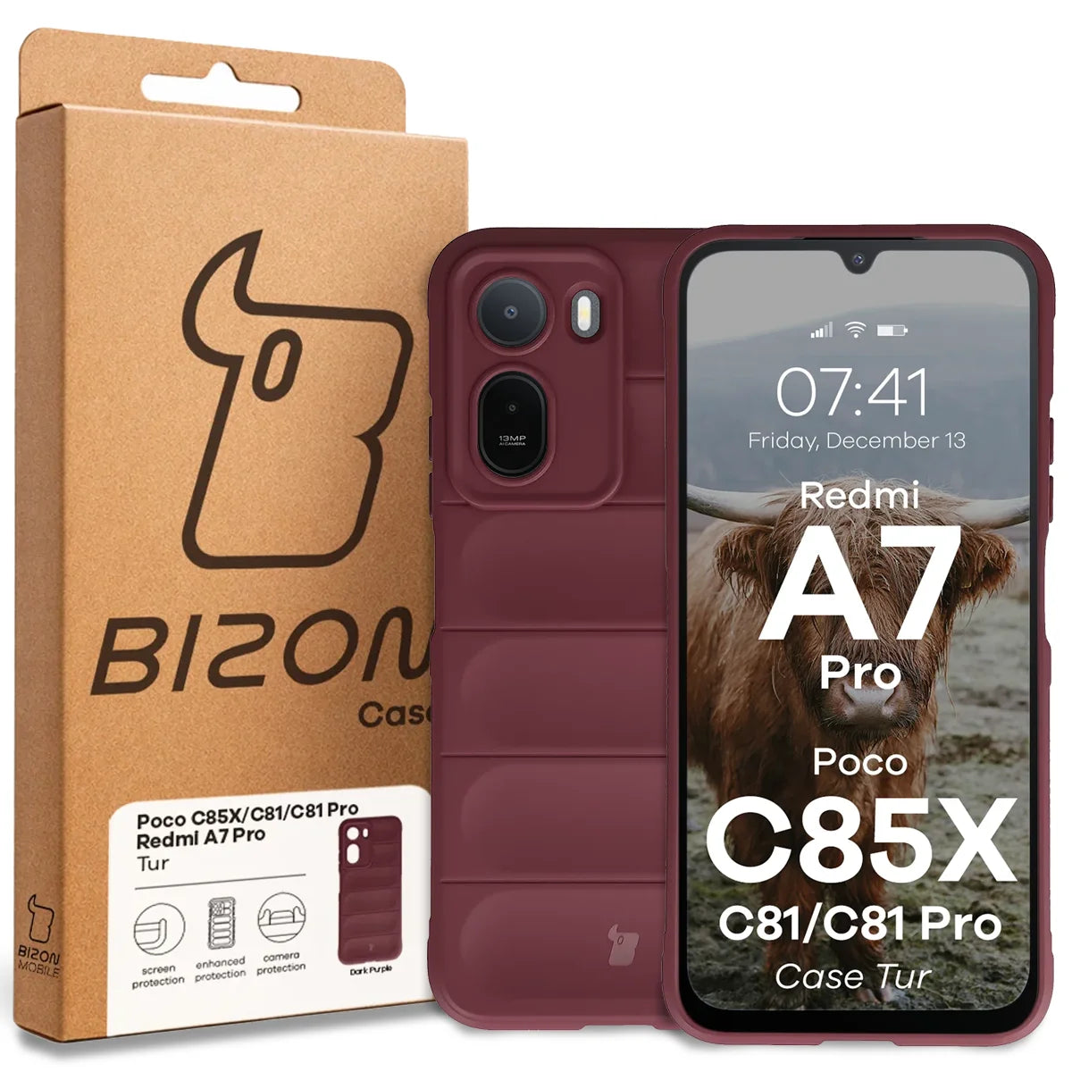 Robuste Handyhülle für Xiaomi Redmi A7 Pro / POCO C85X / C81 / C81 Pro, Bizon Case Tur, Burgunderrot