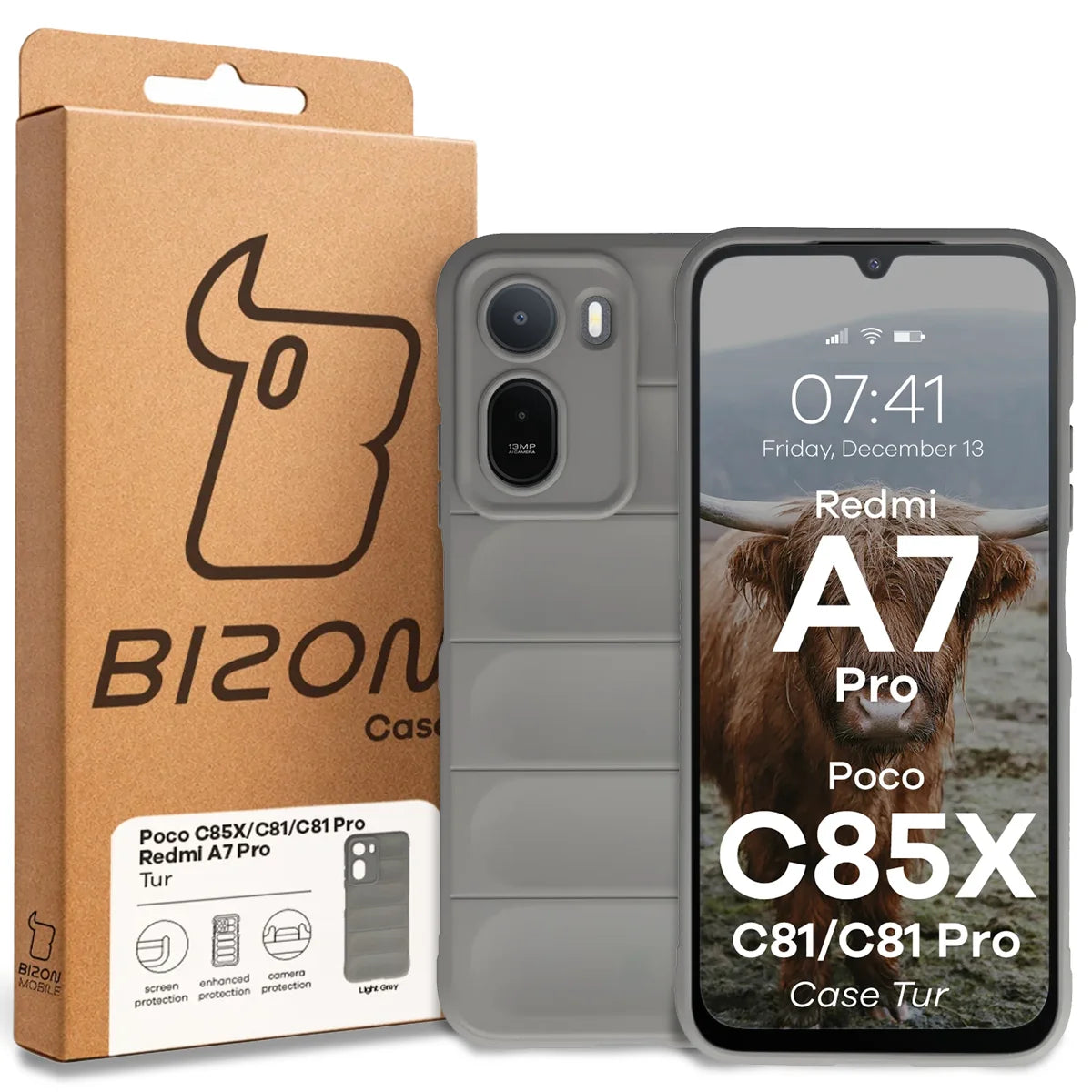 Robuste Handyhülle für Xiaomi Redmi A7 Pro / POCO C85X / C81 / C81 Pro, Bizon Case Tur, Hellgrau