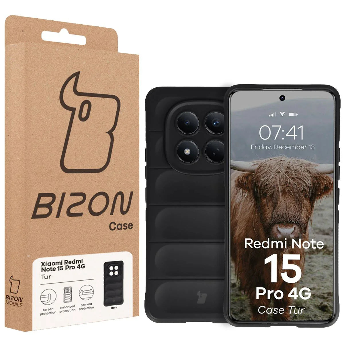 Robuste Handyhülle für Xiaomi Redmi Note 15 Pro 4G, Bizon Case Tur, Schwarz