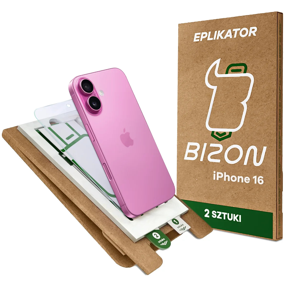 2x Hybridglas mit dem umweltfreundlichen Applikator für iPhone 16, Bizon Eplikator Hybrid Mule (1/5)