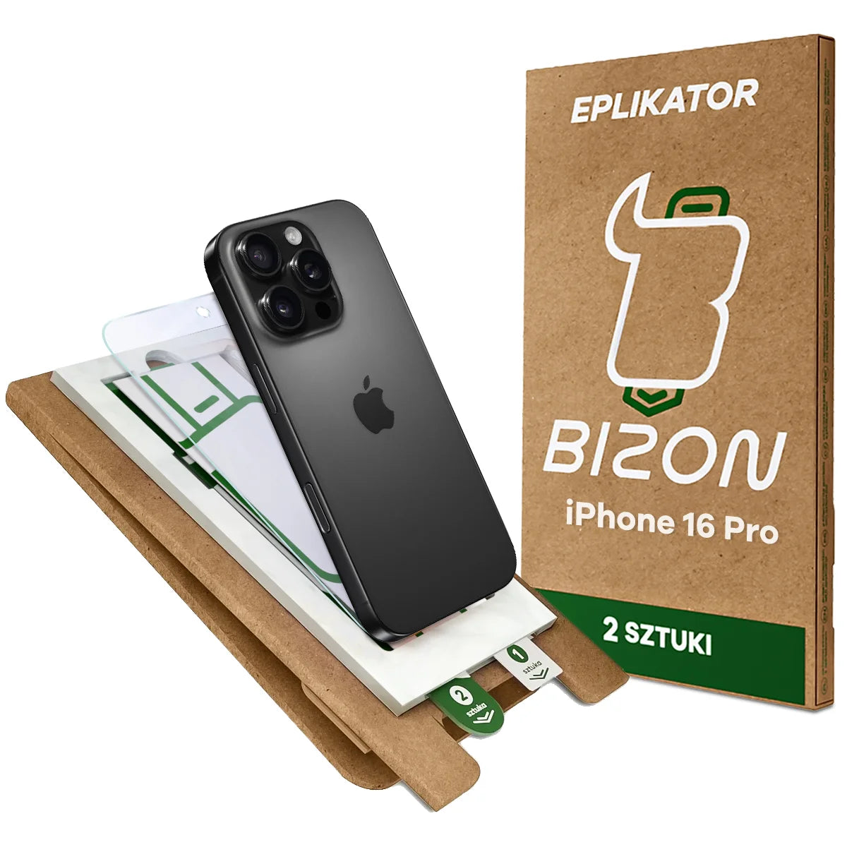 2x Hybridglas mit dem umweltfreundlichen Applikator für iPhone 16 Pro, Bizon Eplikator Hybrid Mule (1/5)