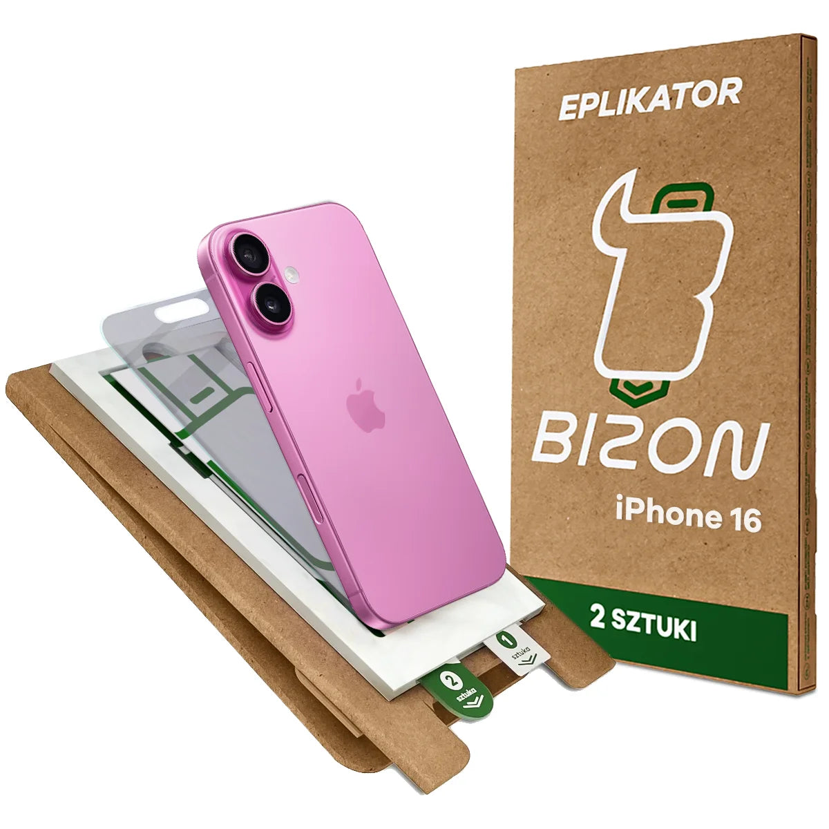 2x Hybridglas mit Sichtschutz mit dem umweltfreundlichen Applikator für iPhone 16, Bizon Eplikator Hybrid Shadow (1/5)