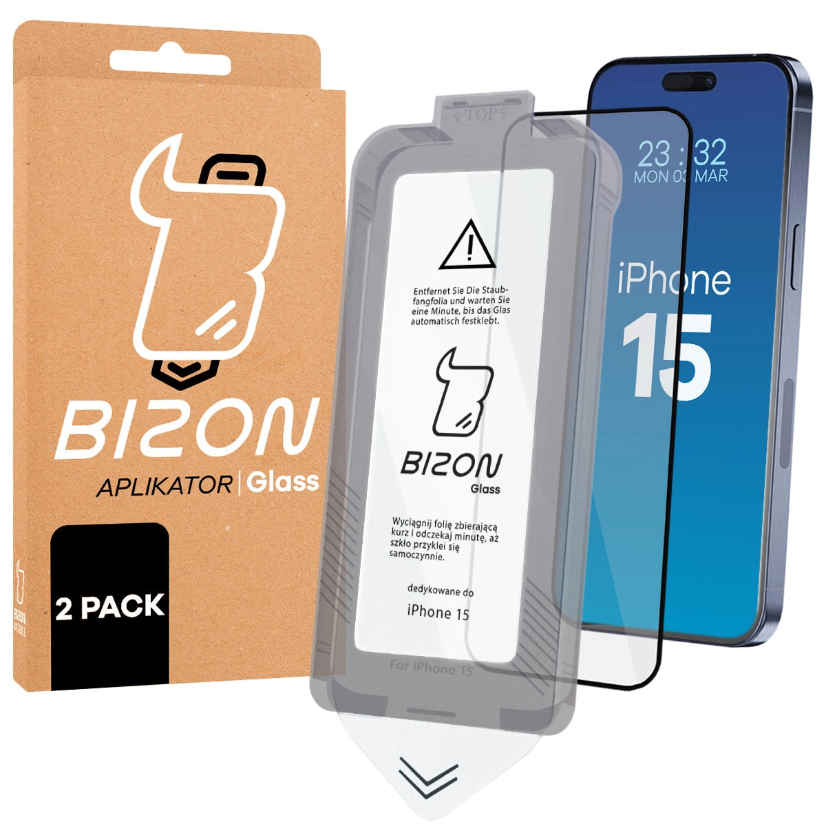 Gehärtetes Glas mit Rahmen zum einfachen Auftragen für iPhone 15, Bizon Glass Aplikator, 2 Stück