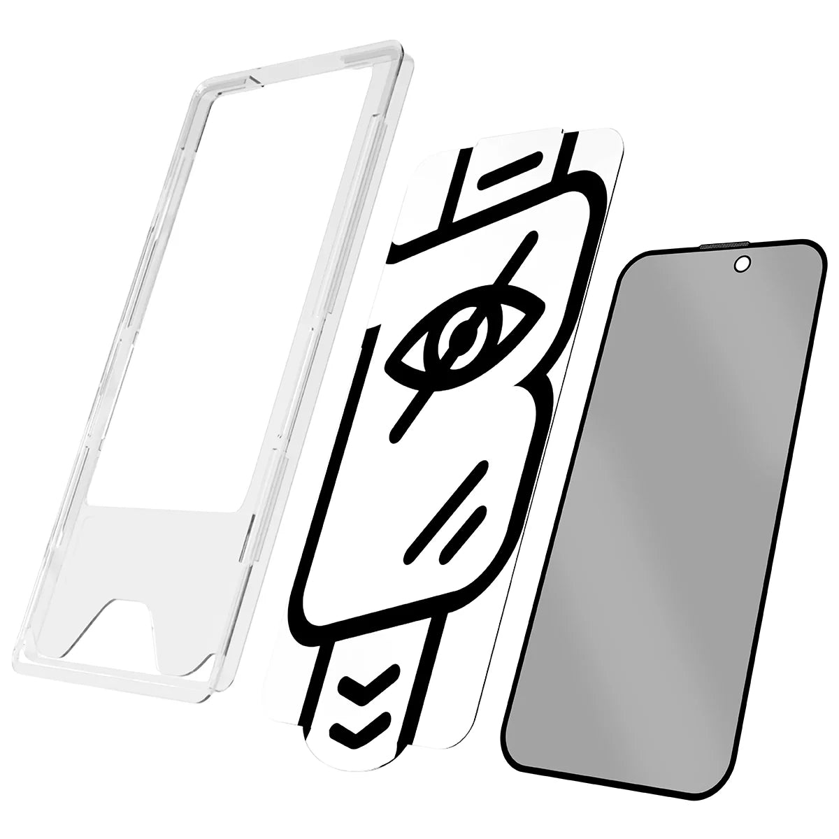 Gehärtetes Glas mit Privatschutzfilter und Applikationsrahmen für iPhone 15 / 16, Bizon Glass Aplikator Shadow, 1 Set