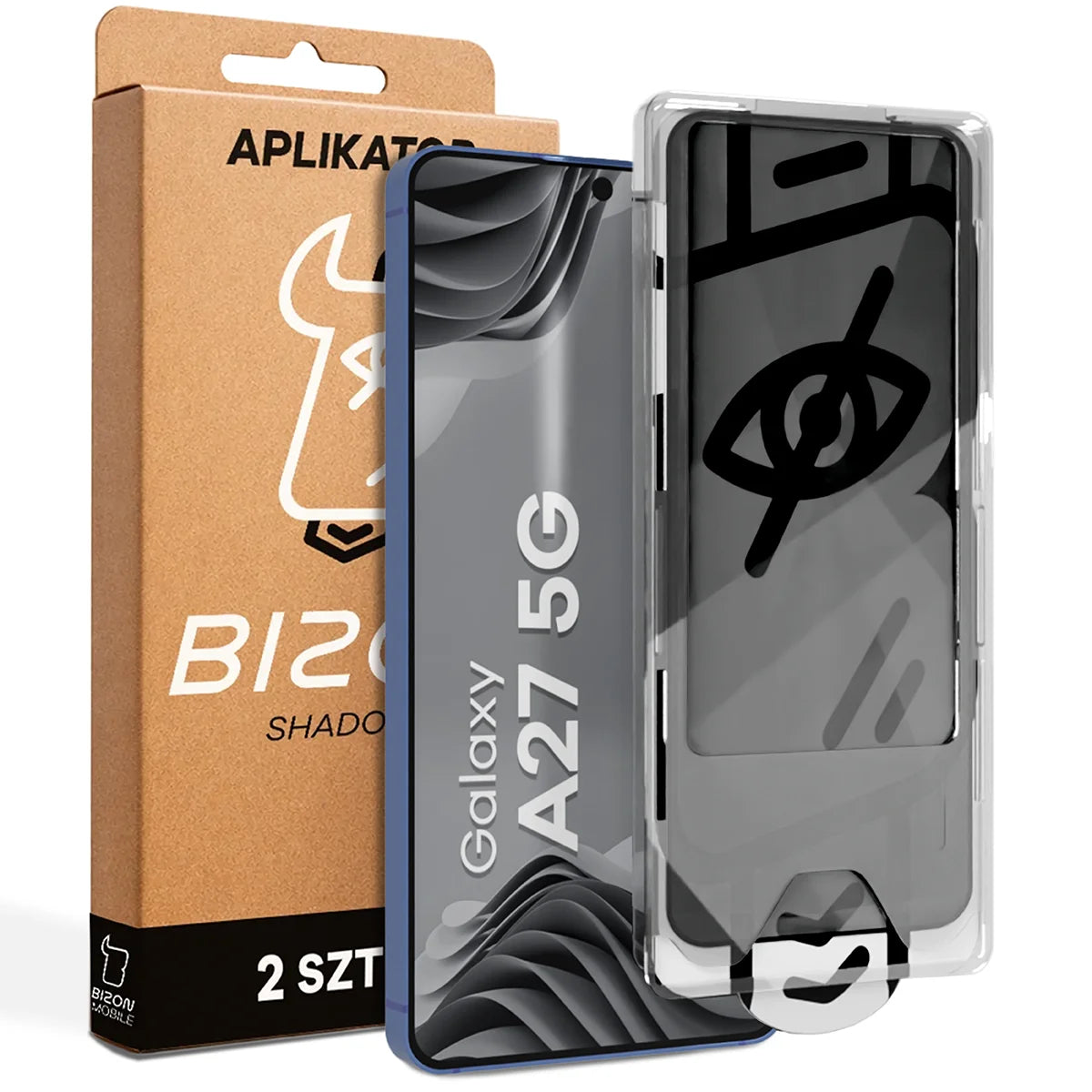 Gehärtetes Glas mit Privatschutzfilter und Applikationsrahmen für Galaxy A27 5G, Bizon Glass Aplikator Shadow, 2 Sets