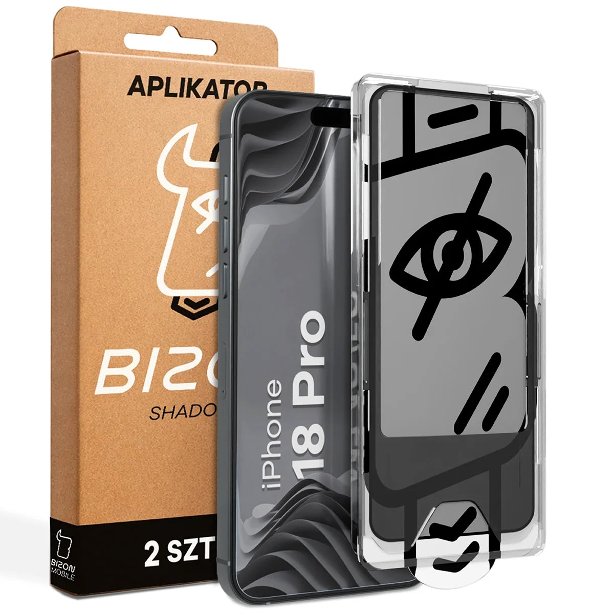 Gehärtetes Glas mit Privatschutzfilter und Applikationsrahmen für iPhone 18 Pro, Bizon Glass Aplikator Shadow, 2 Sets (1/7)