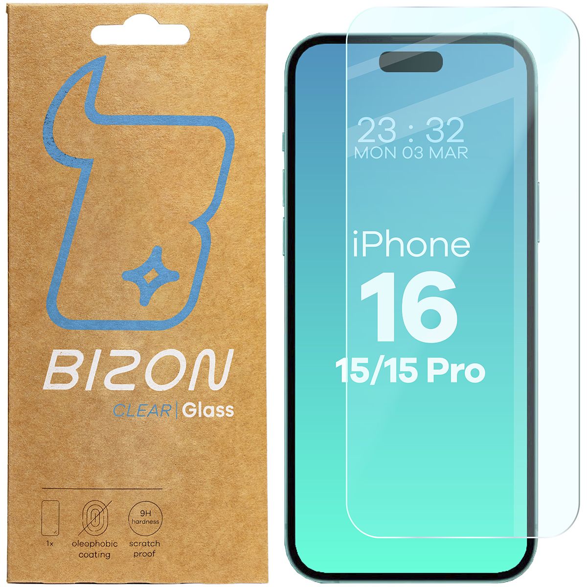 Gehärtetes Glas für iPhone 15 / 15 Pro / 16, Bizon Glass Clear 2