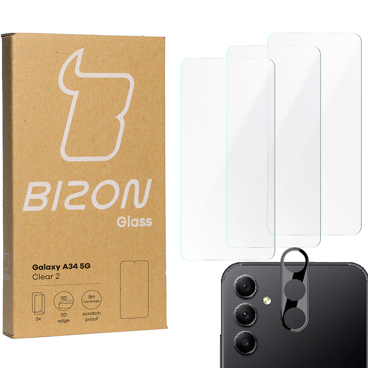 Gehärtetes Glas - 3 Stück + Kameraschutz, Galaxy A34 5G, Bizon Glass Clear 2 Pack