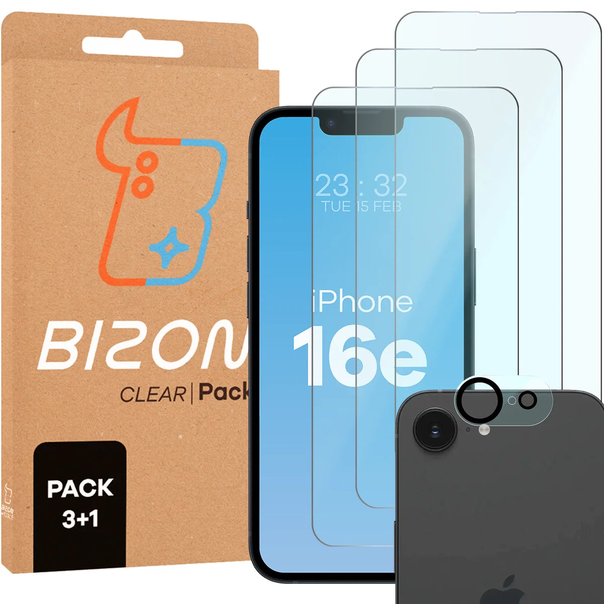 Gehärtetes Glas - 3 Stück + Kameraschutz für iPhone 16e, Bizon Glass Clear 2 Pack