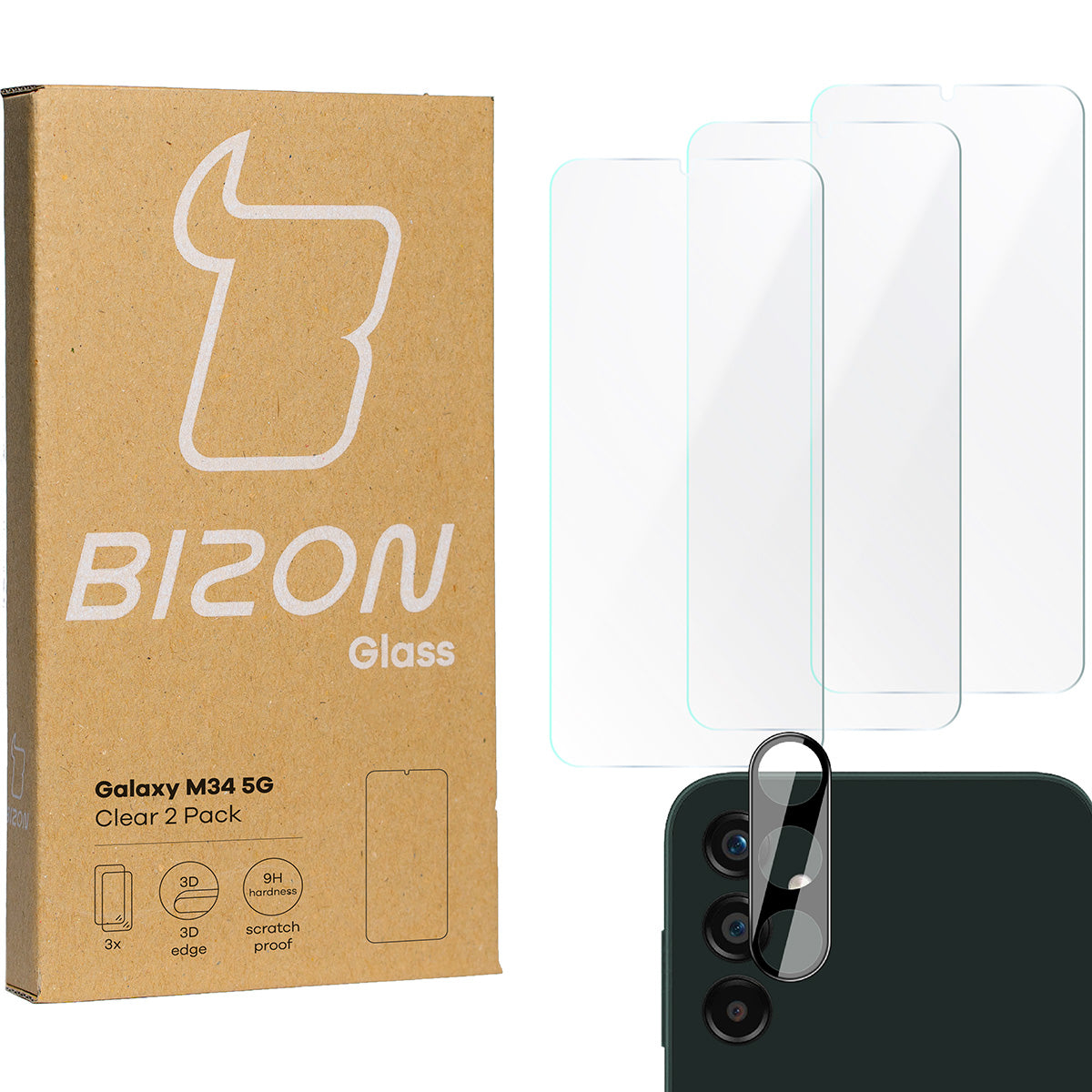 Gehärtetes Glas Bizon Glass Clear 2 Pack - 3 Stück + Kameraschutz, Galaxy M34 5G