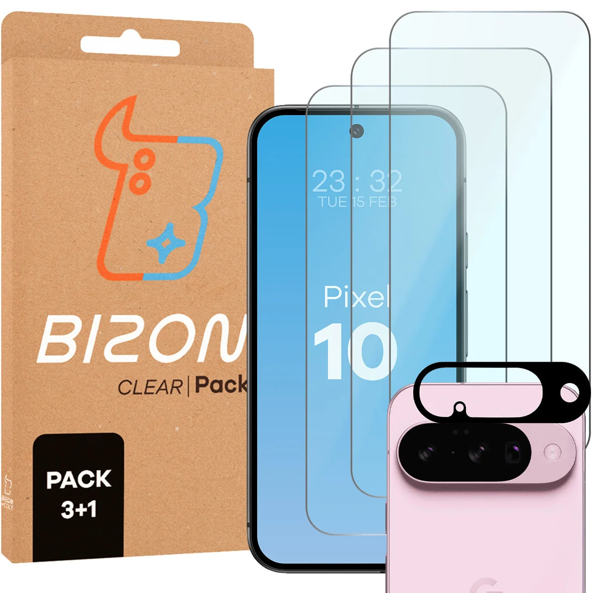 Gehärtetes Glas - 3 Stück + Kameraschutz für Google Pixel 10, Bizon Glass Clear Pack