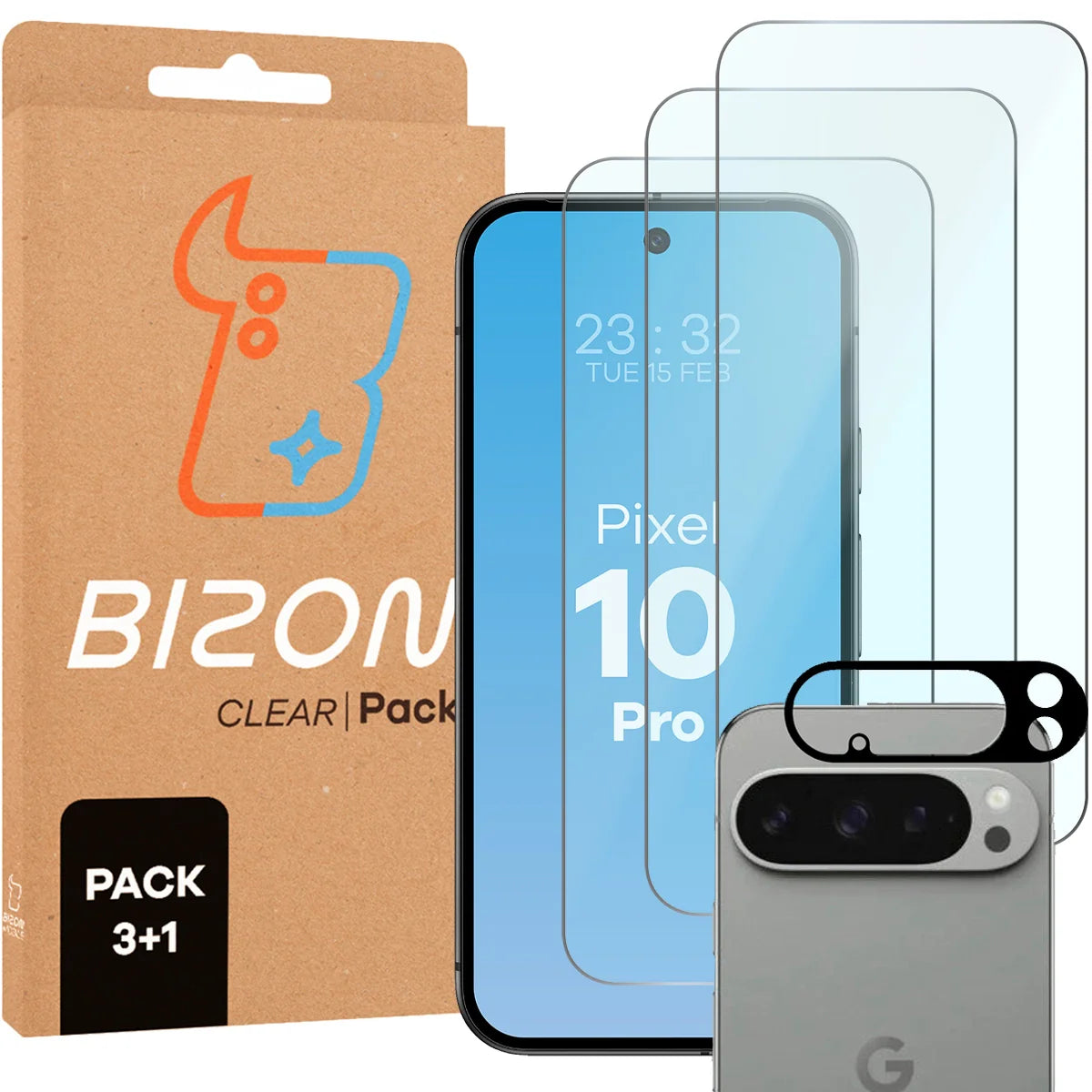 Gehärtetes Glas - 3 Stück + Kameraschutz für Google Pixel 10 Pro, Bizon Glass Clear Pack