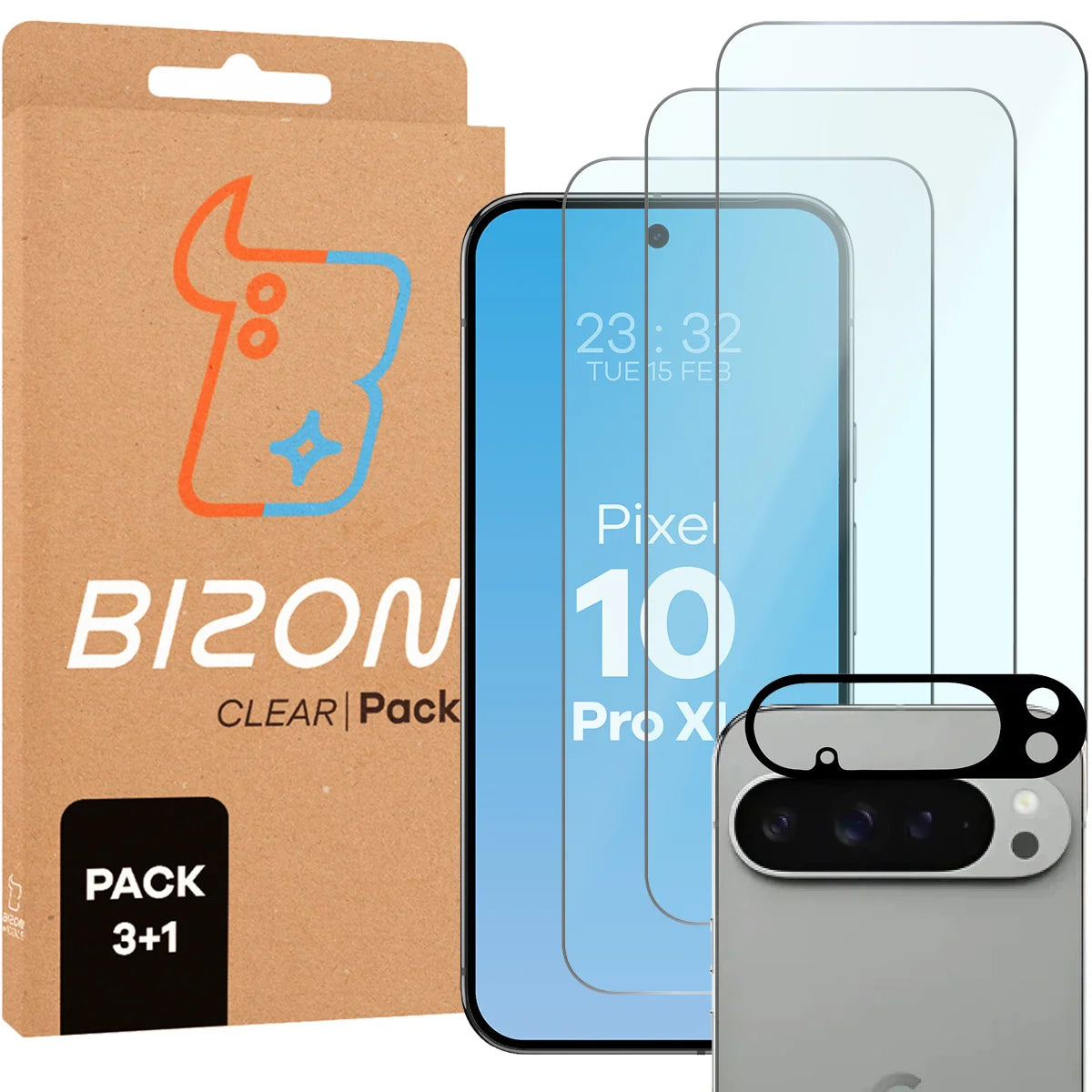 Gehärtetes Glas - 3 Stück + Kameraschutz für Google Pixel 10 Pro XL, Bizon Glass Clear Pack