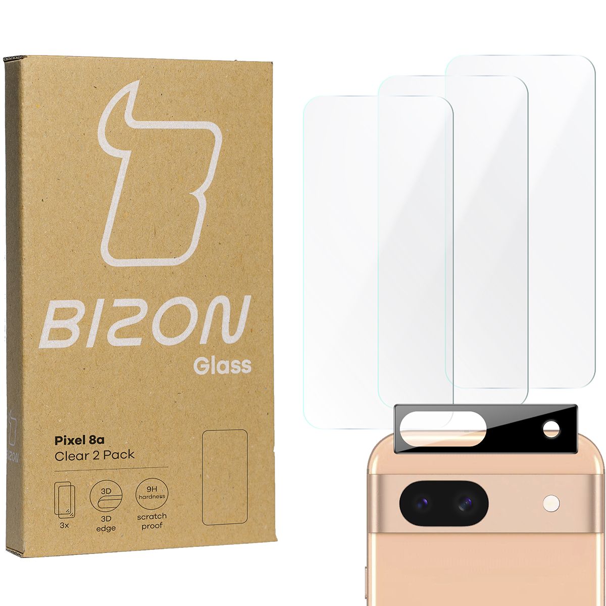 Gehärtetes Glas - 3 Stück + Kameraschutz für Google Pixel 8a, Bizon Glass Clear Pack