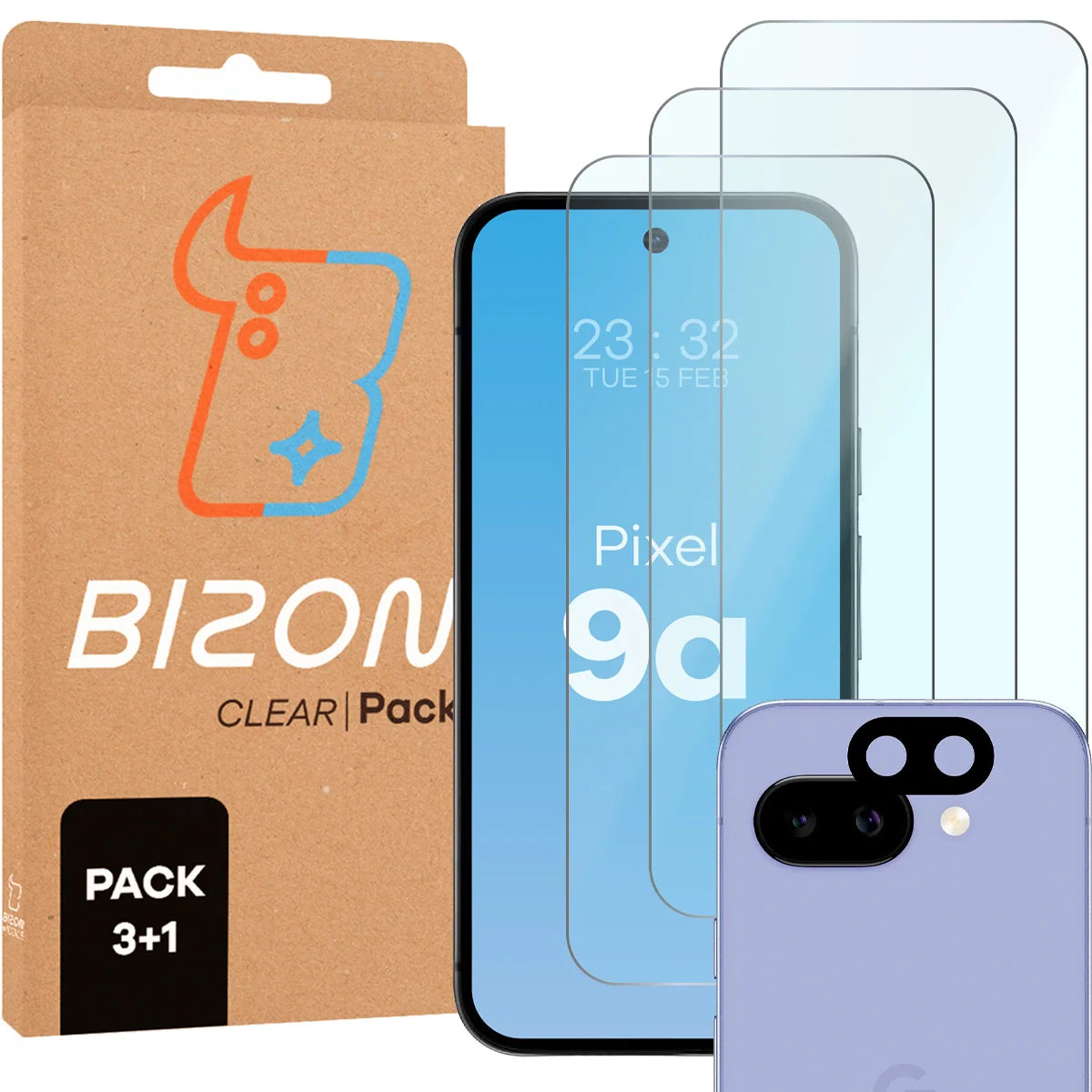 Gehärtetes Glas - 3 Stück + Kameraschutz für Pixel 9a, Bizon Glass Clear Pack