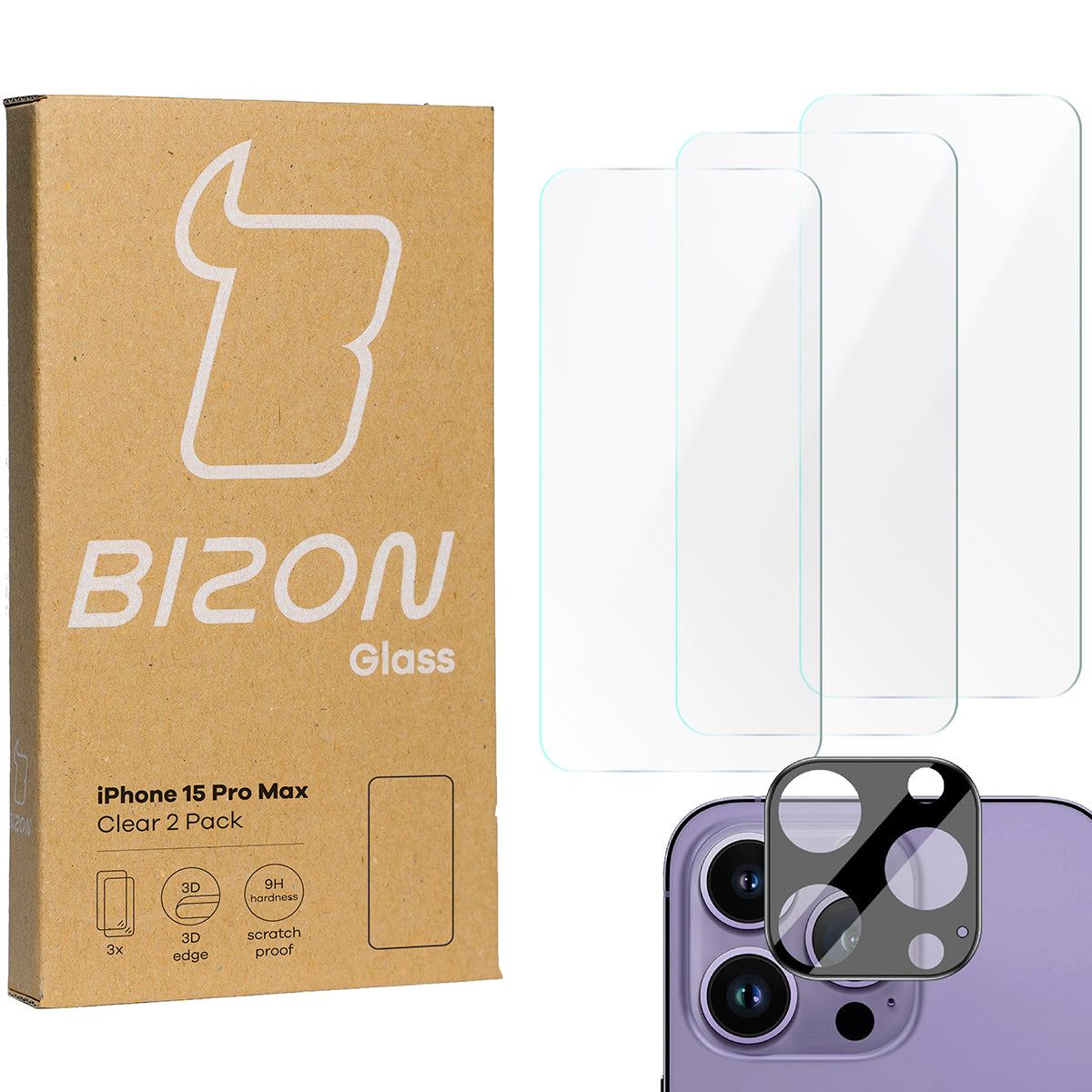 Gehärtetes Glas Bizon Glass Clear 2 Pack - 3 Stück + Kameraschutz, iPhone 15 Pro Max
