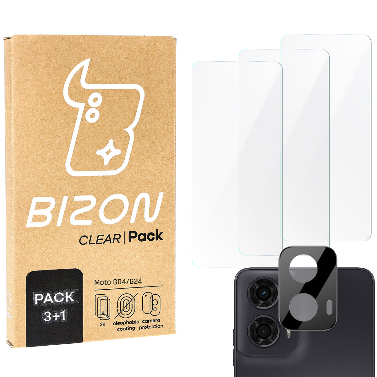 Gehärtetes Glas - 3 Stück + Kameraschutz für Motorola Moto G04/G24, Bizon Glass Clear 2 Pack